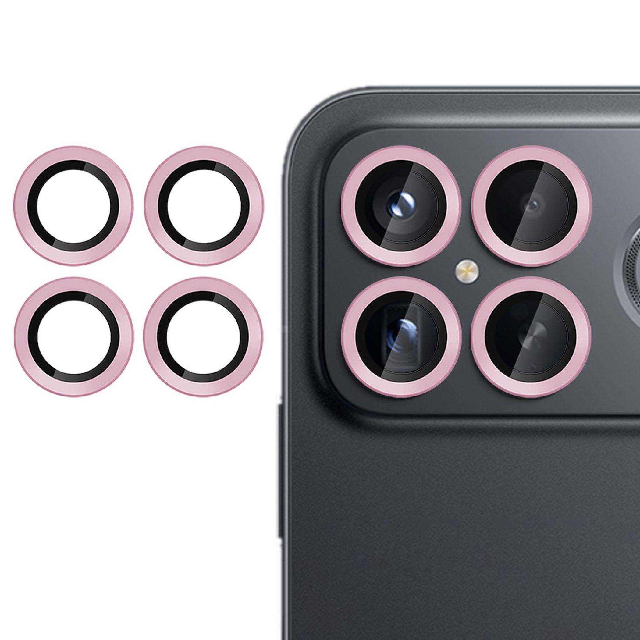 Vier rosafarbene Kameralinsenringe neben einer Handykamera mit passenden Ringen, die um die vier Linsen installiert sind.