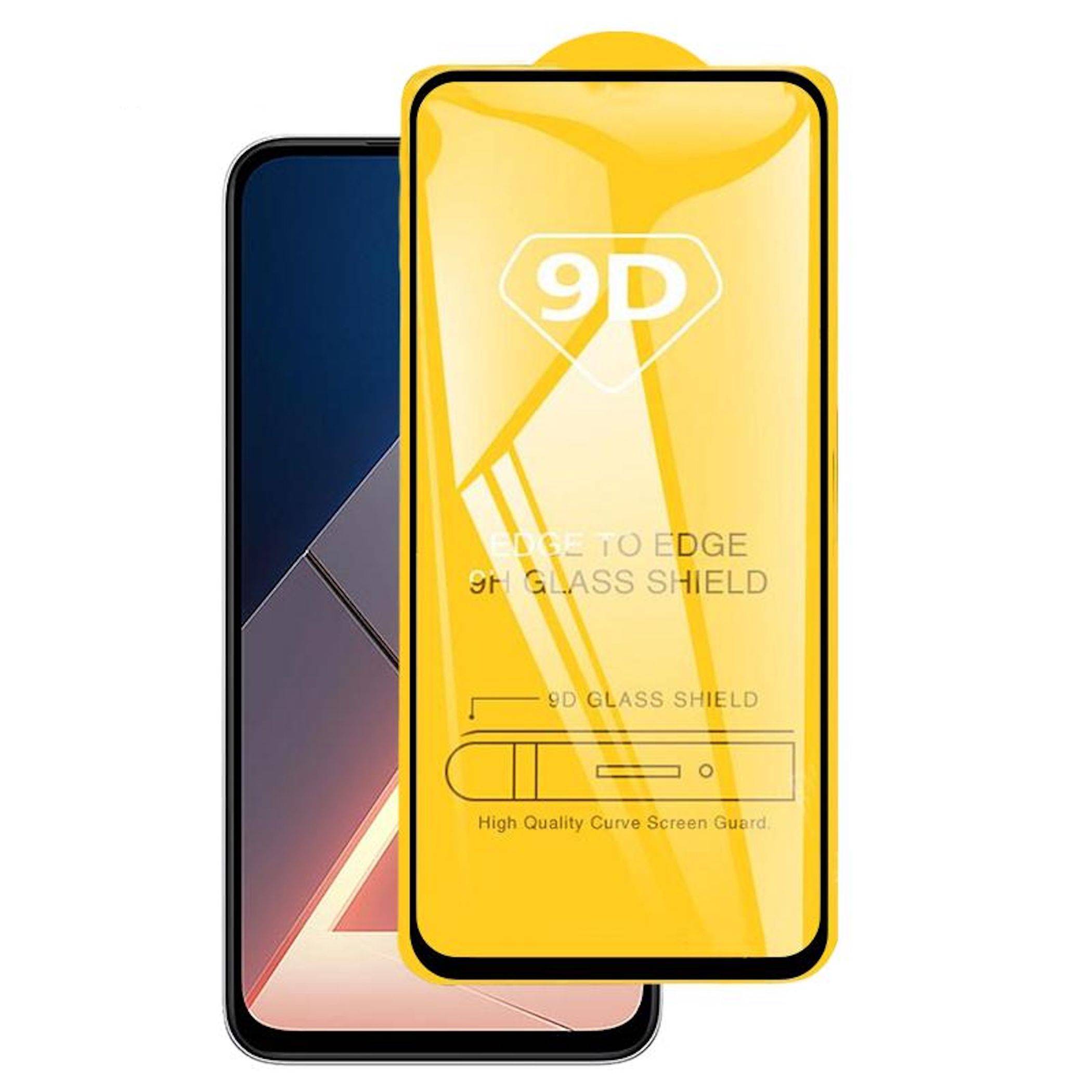 Gelber 9D Vollbild-Glasschutz für ein Smartphone, angezeigt über einem Telefondisplay mit dem Text „9D