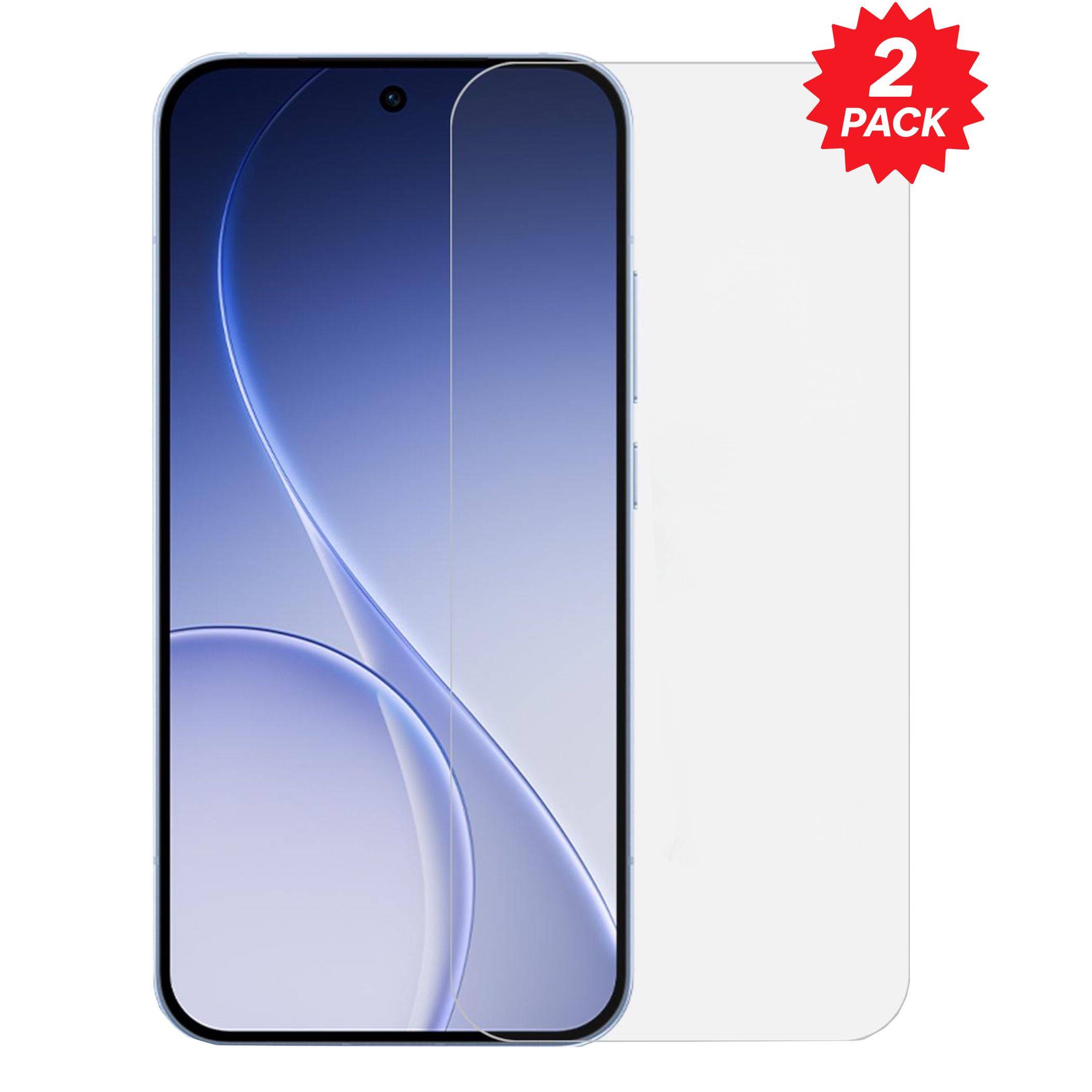 Zwei transparente Displayschutzfolien für Telefone nebeneinander dargestellt, mit einem roten „2ER-PACK