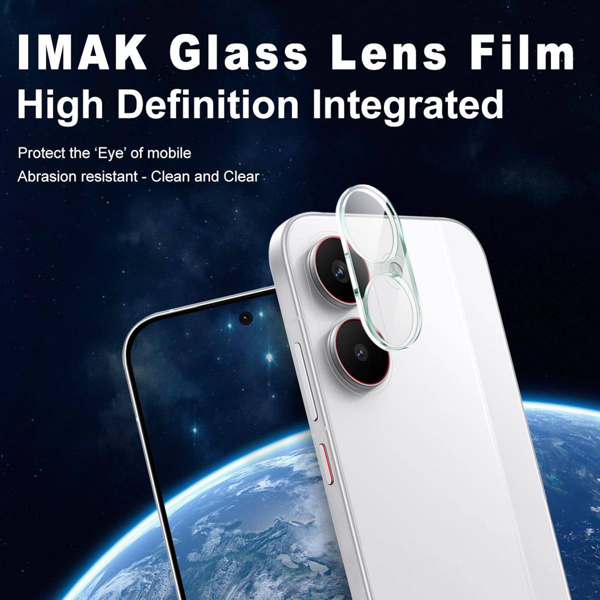 Werbegrafik für 'IMAK Glass Lens Film' mit einem transparenten Handykamera-Objektivschutz über einer Smartphone-Kamera, mit Text: 'High Definition Integrated' und 'Protect the 'Eye' of mobile, Abrasion resistant - Clean and Clear'.