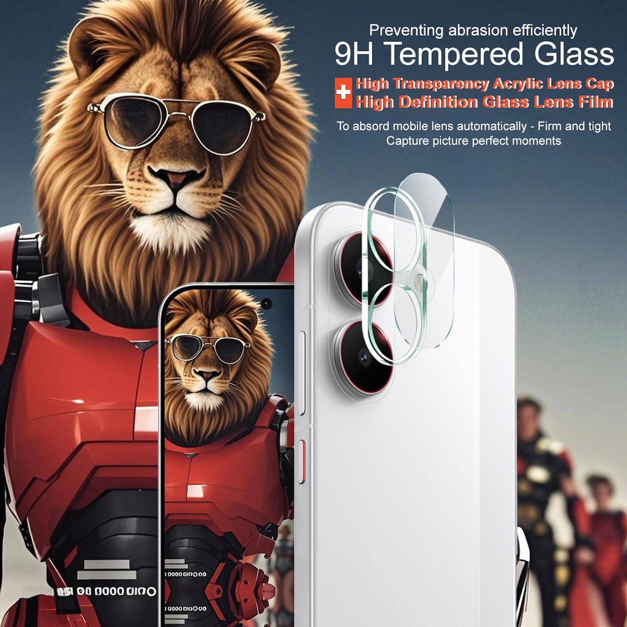 Werbebild eines Löwen mit Sonnenbrille neben einem Smartphone mit einem transparenten 9H gehärtetem Glaschutz für die Kameralinse, das hohe Transparenz und eine kratzfeste Schutzfolie für die Kameralinse bewirbt.