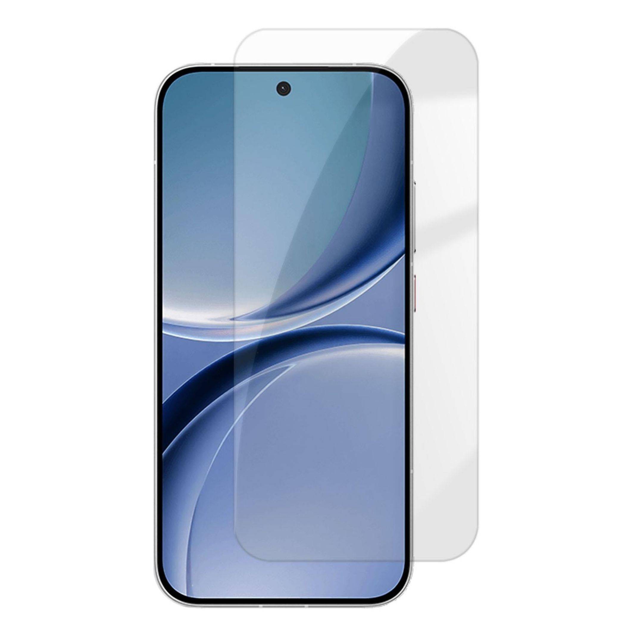 Smartphone-Displayschutzfolie hinter einem schwarzgerahmten Telefon, das klare Vorderseite und abgerundete Kanten hervorhebt.