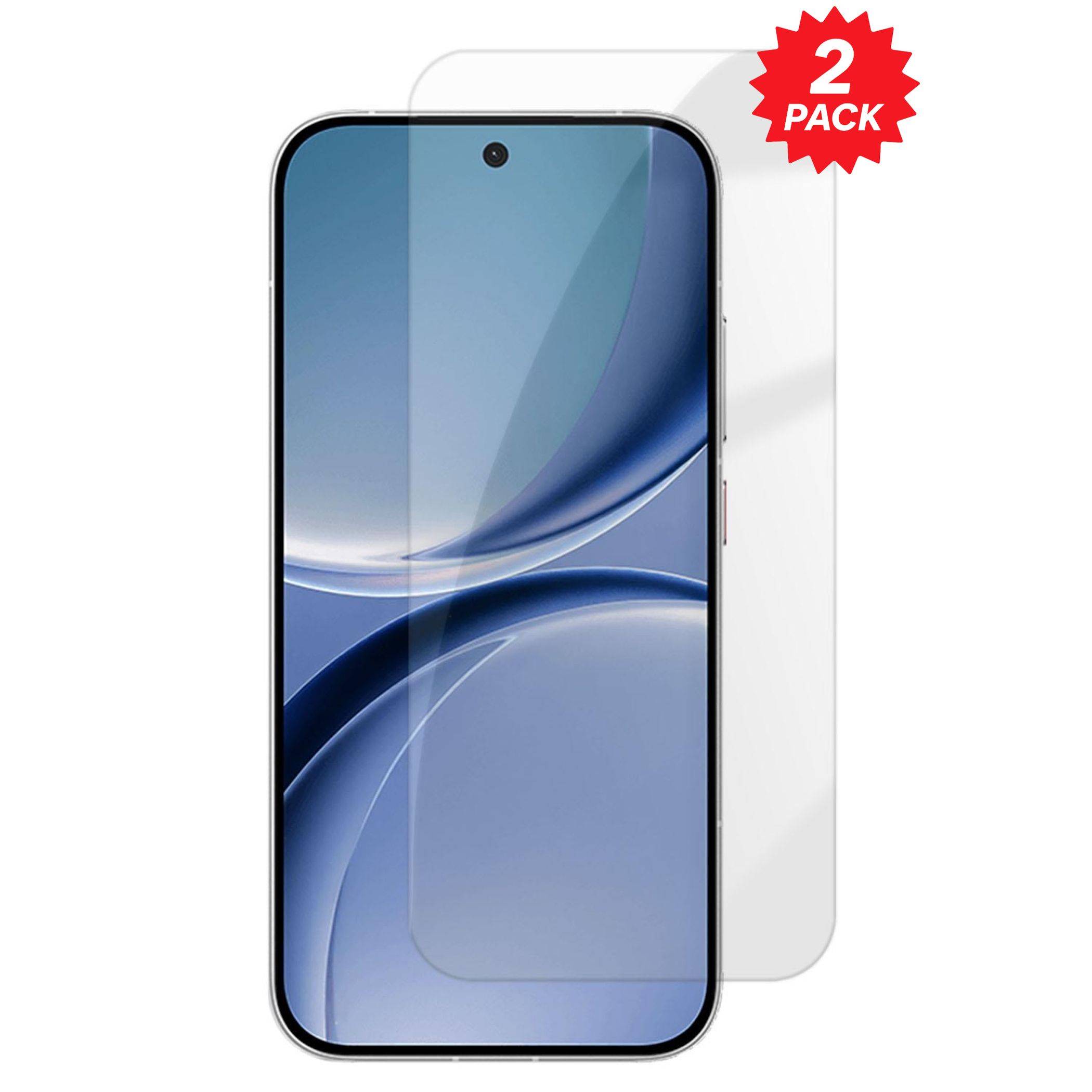 Displayschutzfolie für Smartphones, dargestellt auf einem Phone-Mockup, mit einem roten „2er-Pack