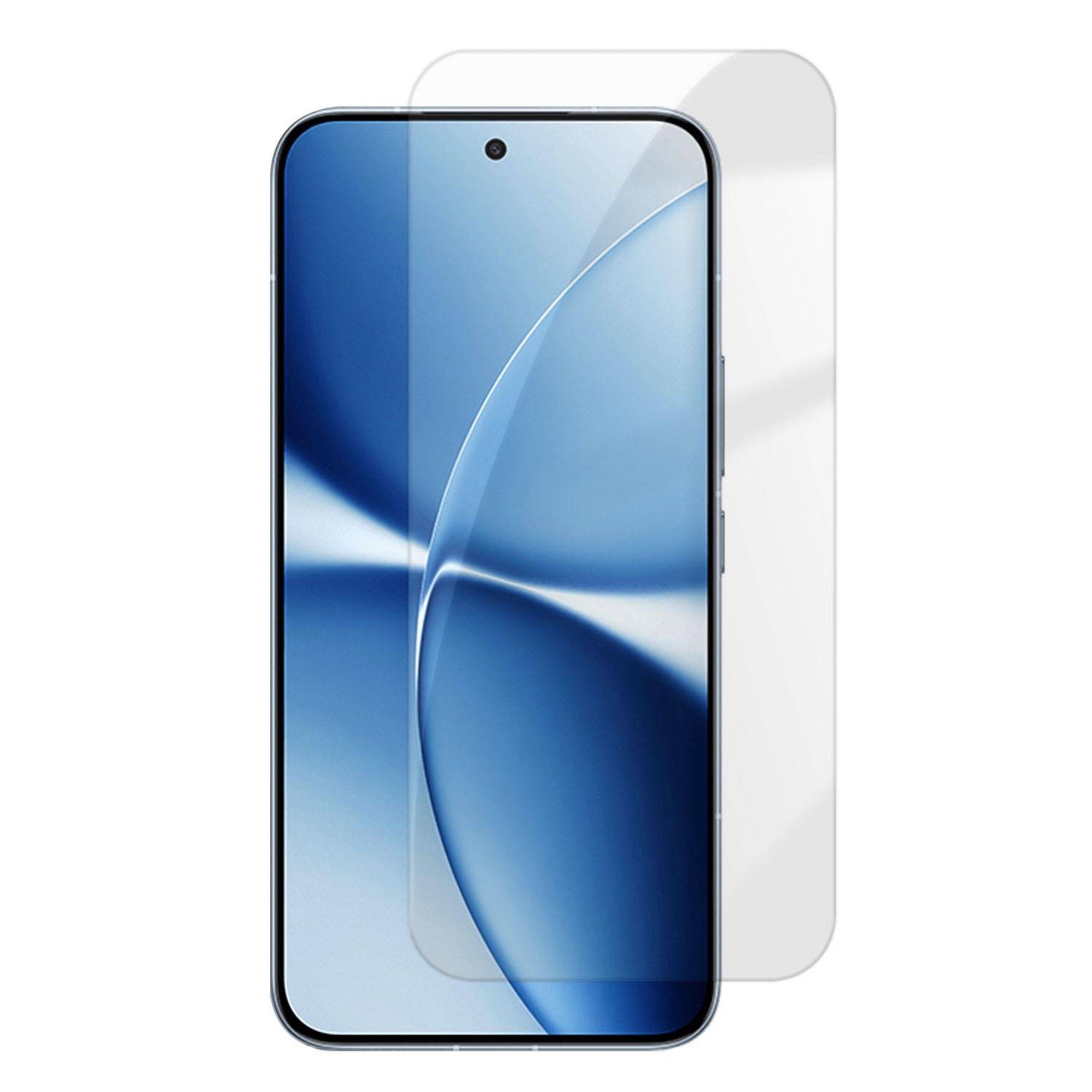 Frontansicht eines Smartphones mit einem blauen abstrakten Hintergrundbild und einer klaren Schutzfolie, die dahinter ausgerichtet ist.