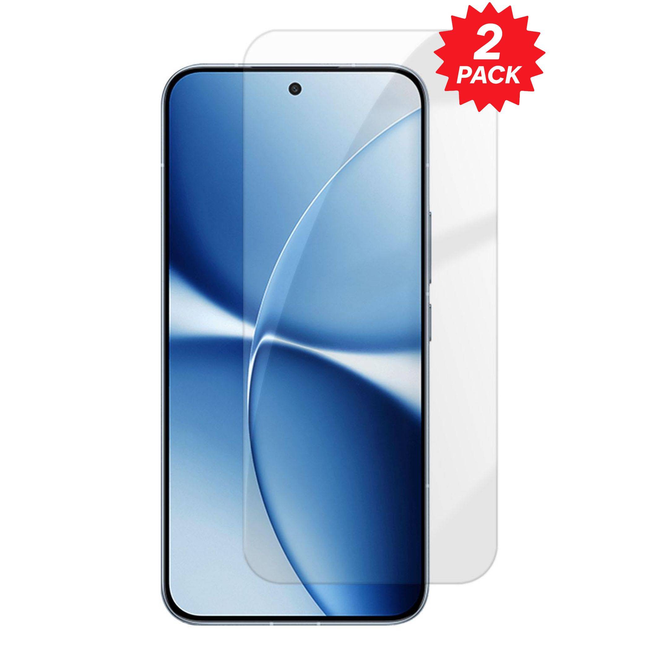 Smartphone mit einer transparenten Displayschutzfolie, die auf dem Display angezeigt wird, mit der Kennzeichnung „2ER PACK