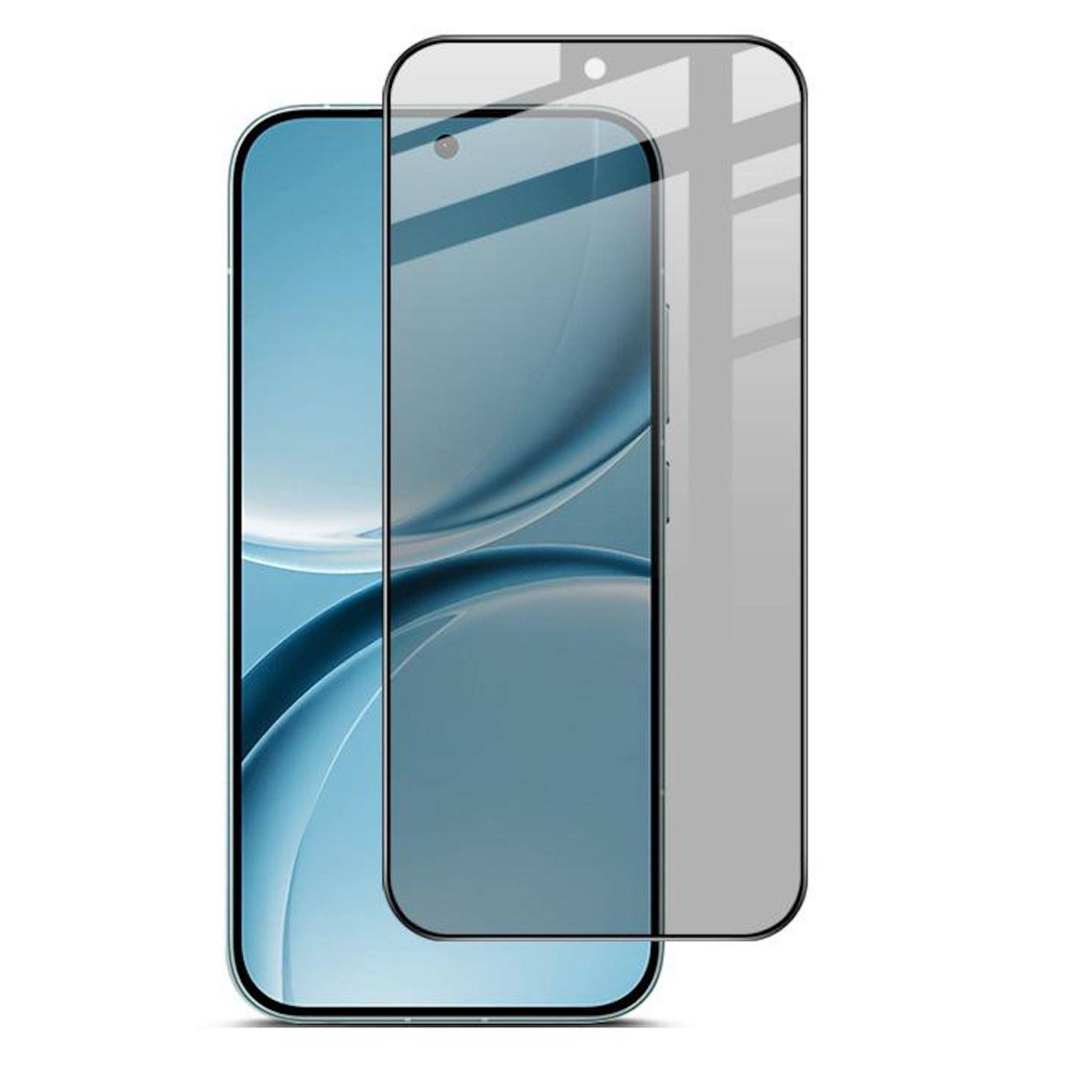 Zwei sich überlappende Displayschutzfolien für Smartphones, eine transparent und eine getönt grau, auf einem Telefondisplay vor weißem Hintergrund gezeigt.