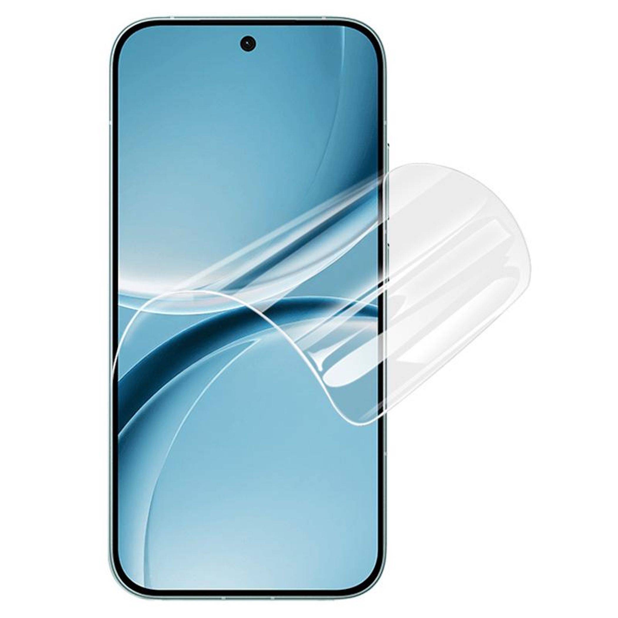Displayschutzfolie für Smartphone über einem blauen Telefondisplay positioniert, mit einer abgelösten Ecke dargestellt, um die einfache Anbringung zu veranschaulichen.