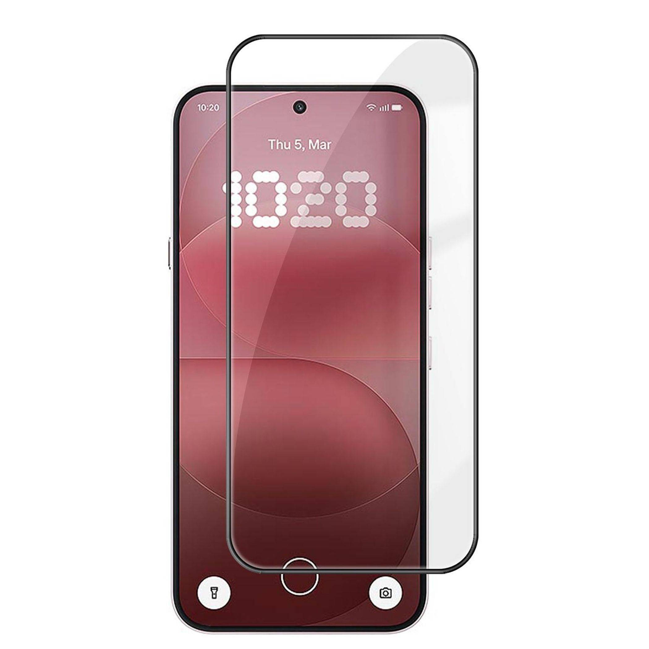 Zwei sich überlappende Smartphone-Bildschirme, die einen roten Sperrbildschirm mit der Uhrzeit 10:20, dem Datum Do 5. März und App-Symbolen am unteren Rand anzeigen.