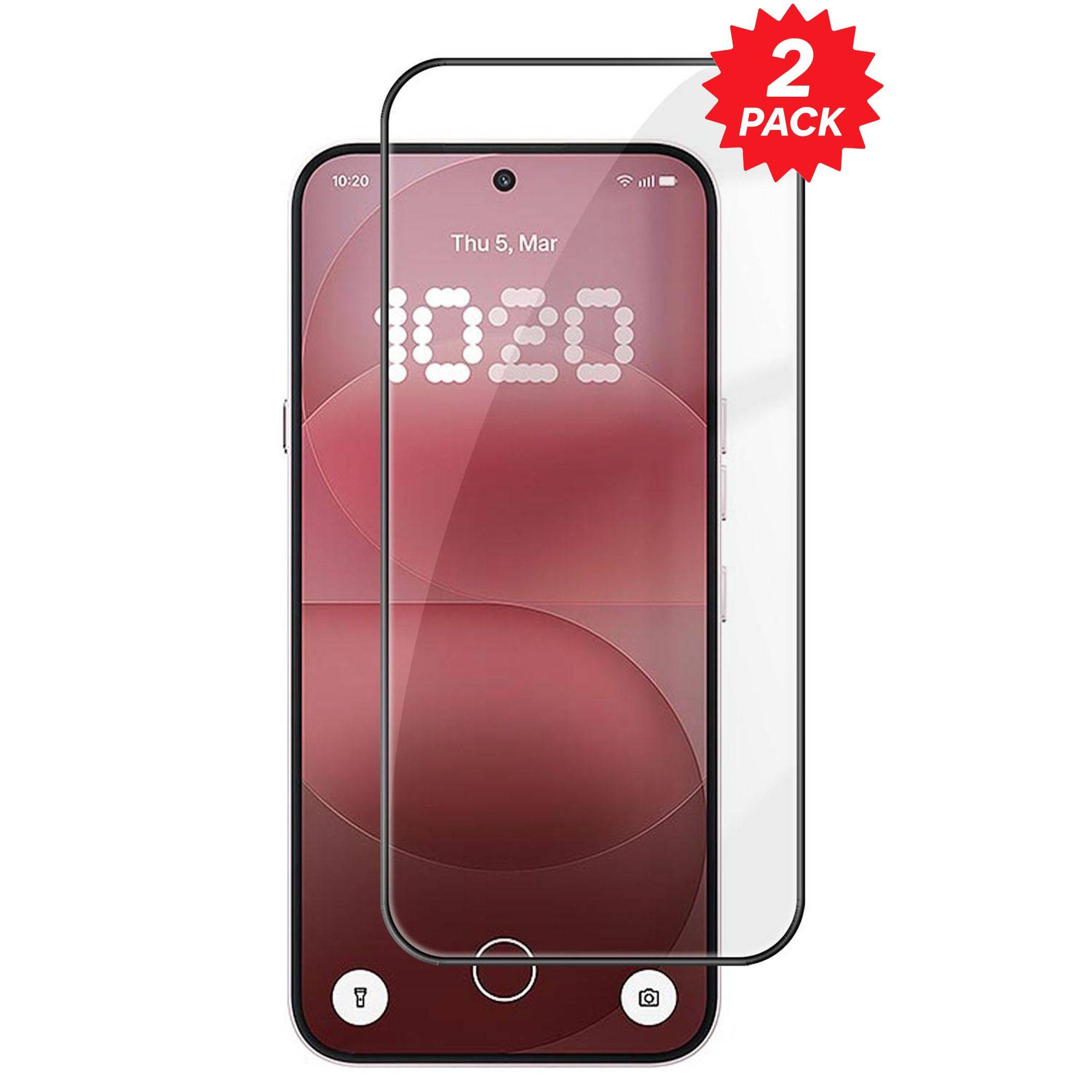 Zwei-er Pack klare gehärtete Glasschutzfolien, die über einem Smartphone gezeigt werden, mit einem roten „2ER PACK