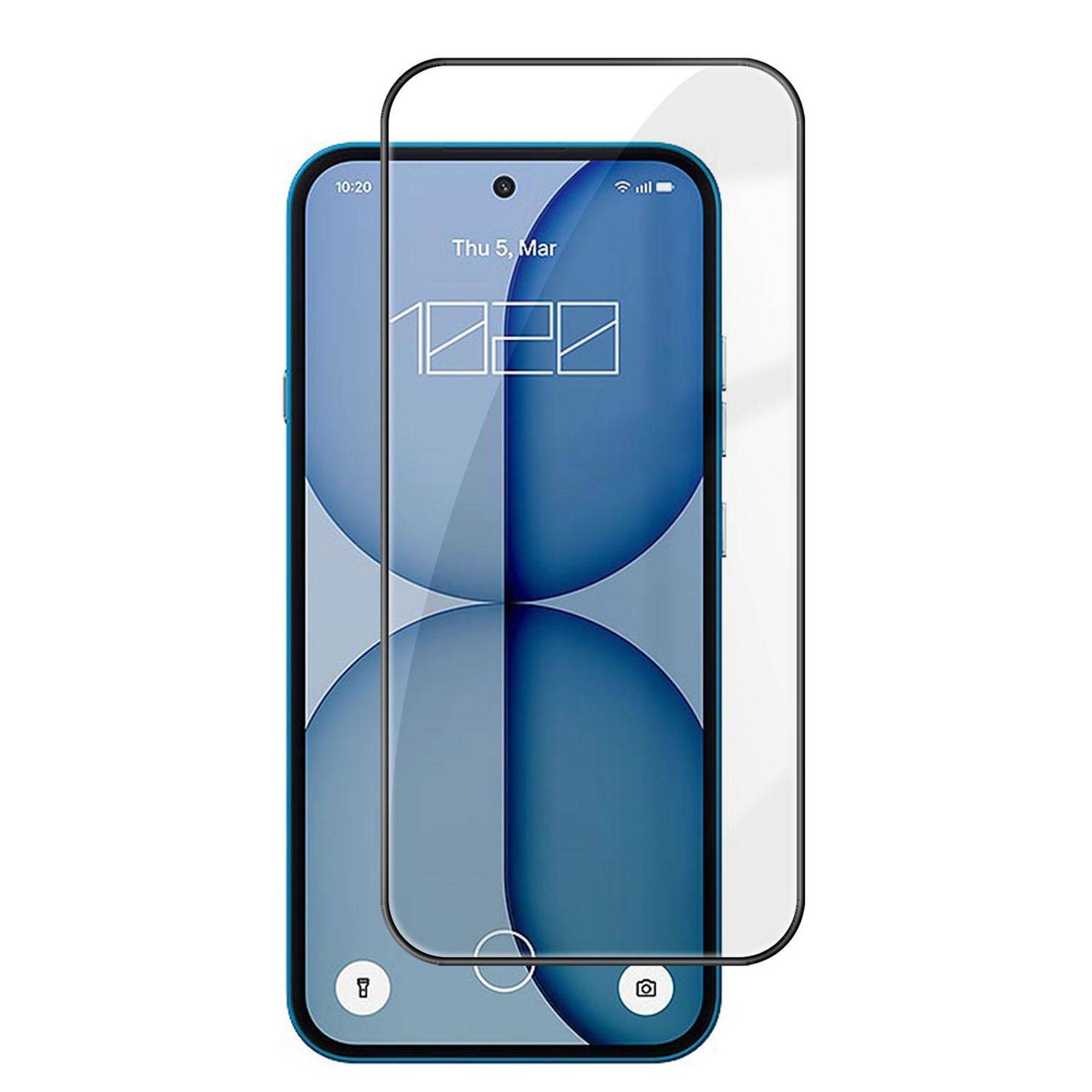 Zwei Smartphones von vorne gezeigt, eines mit einem blauen Hintergrund und eines mit einer transparenten Displayschutzfolie, die darüber ausgerichtet ist.
