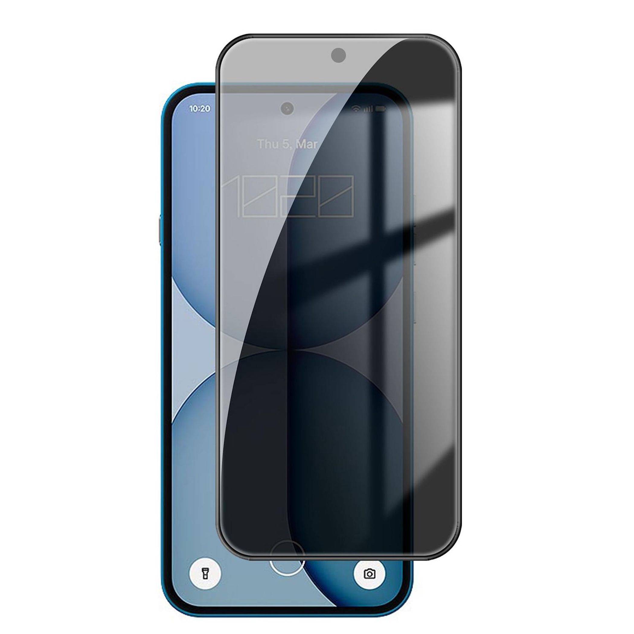 Smartphone-Vorderansicht mit einer dunklen Displayschutzfolie, die über dem Display angebracht ist und die vollflächige Passform des Geräts sowie die Kameraaussparung zeigt.