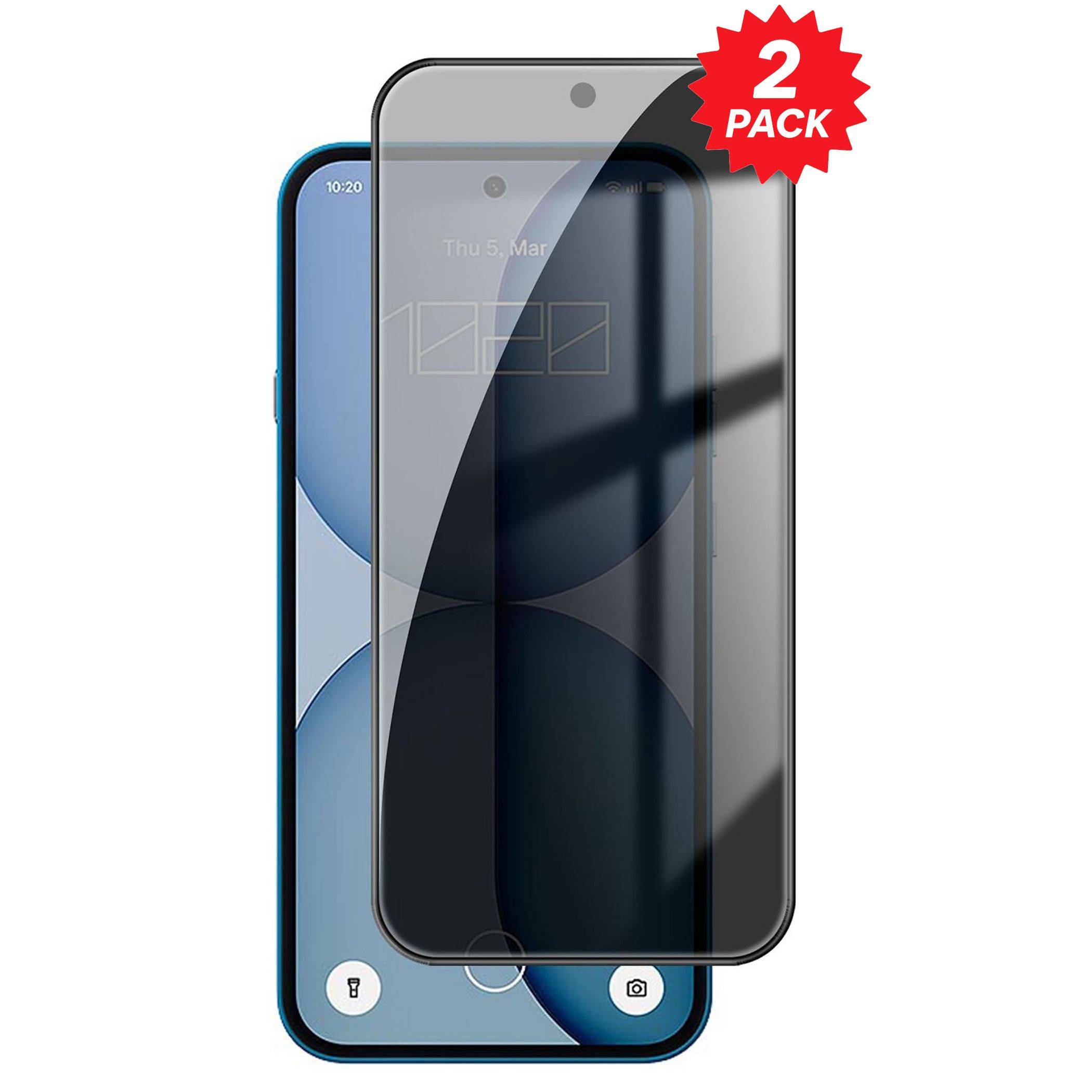 Smartphone-Displayschutzfolie auf einem Telefon gezeigt, mit einem roten „2er-PACK