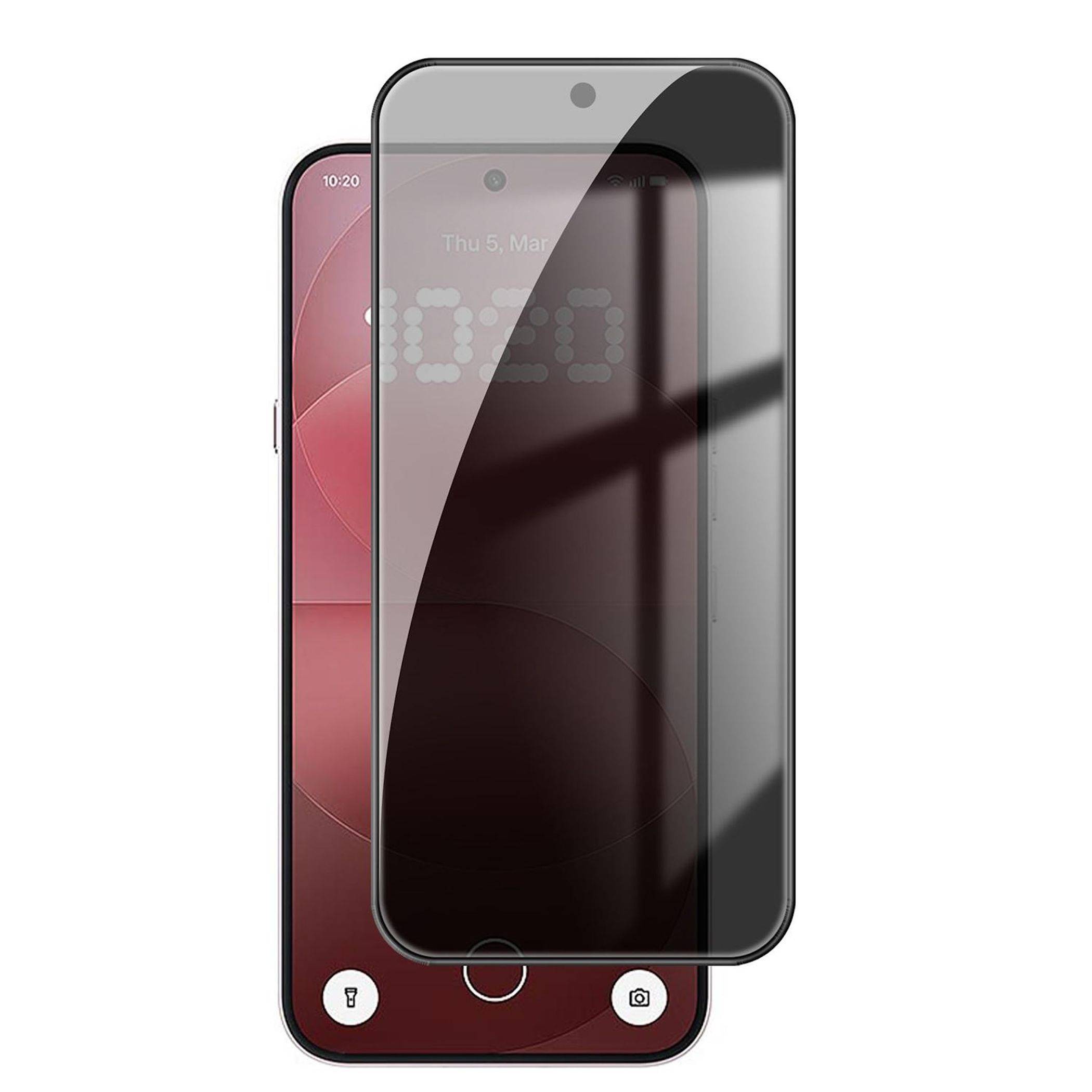 Zwei Smartphones von vorne dargestellt, eines hinter dem anderen, mit einer dunklen Displayschutzfolie auf dem vorderen Telefon.