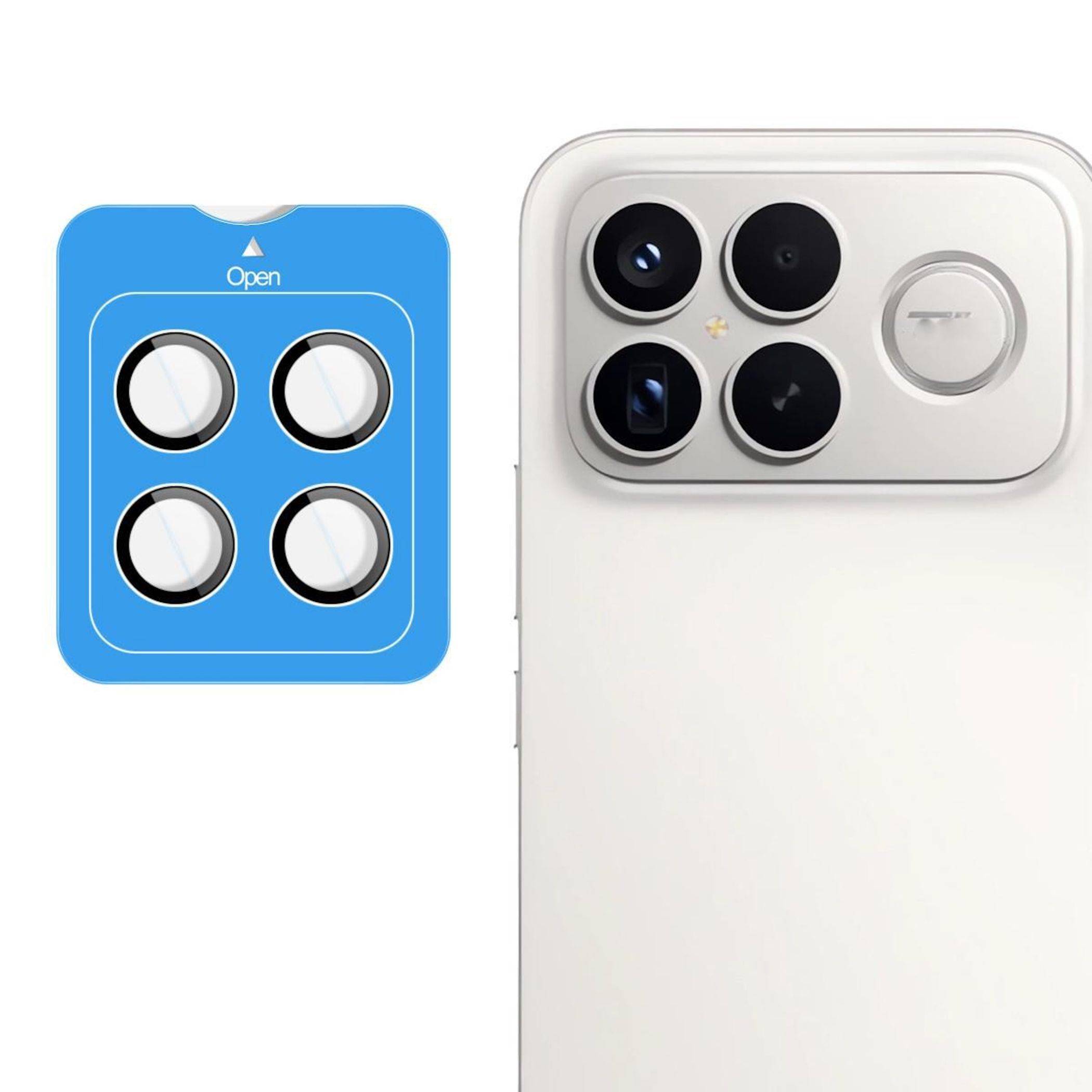Blauer Klebstoff-Schutzfilm für Smartphone-Kamera mit vier kreisförmigen Öffnungen neben der Rückseite eines weißen Smartphones mit vier Kameraobjektiven.