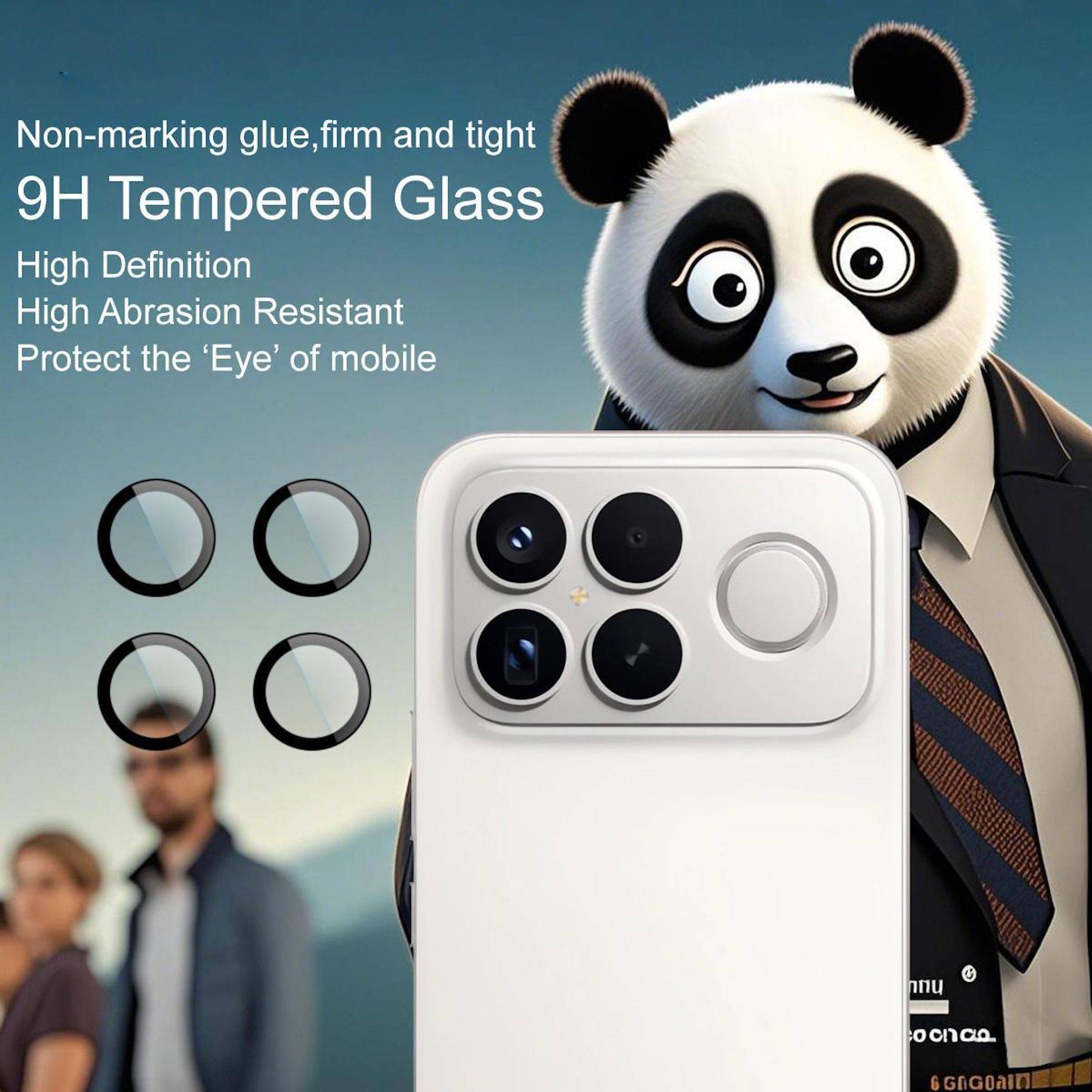 Werbung für 9H gehärtete Glas-Kameralinsenschutzer mit Panda-Maskottchen, vier kreisförmigen Linsenringen und Text, der hochauflösendes und kratzfestes Material bewirbt.