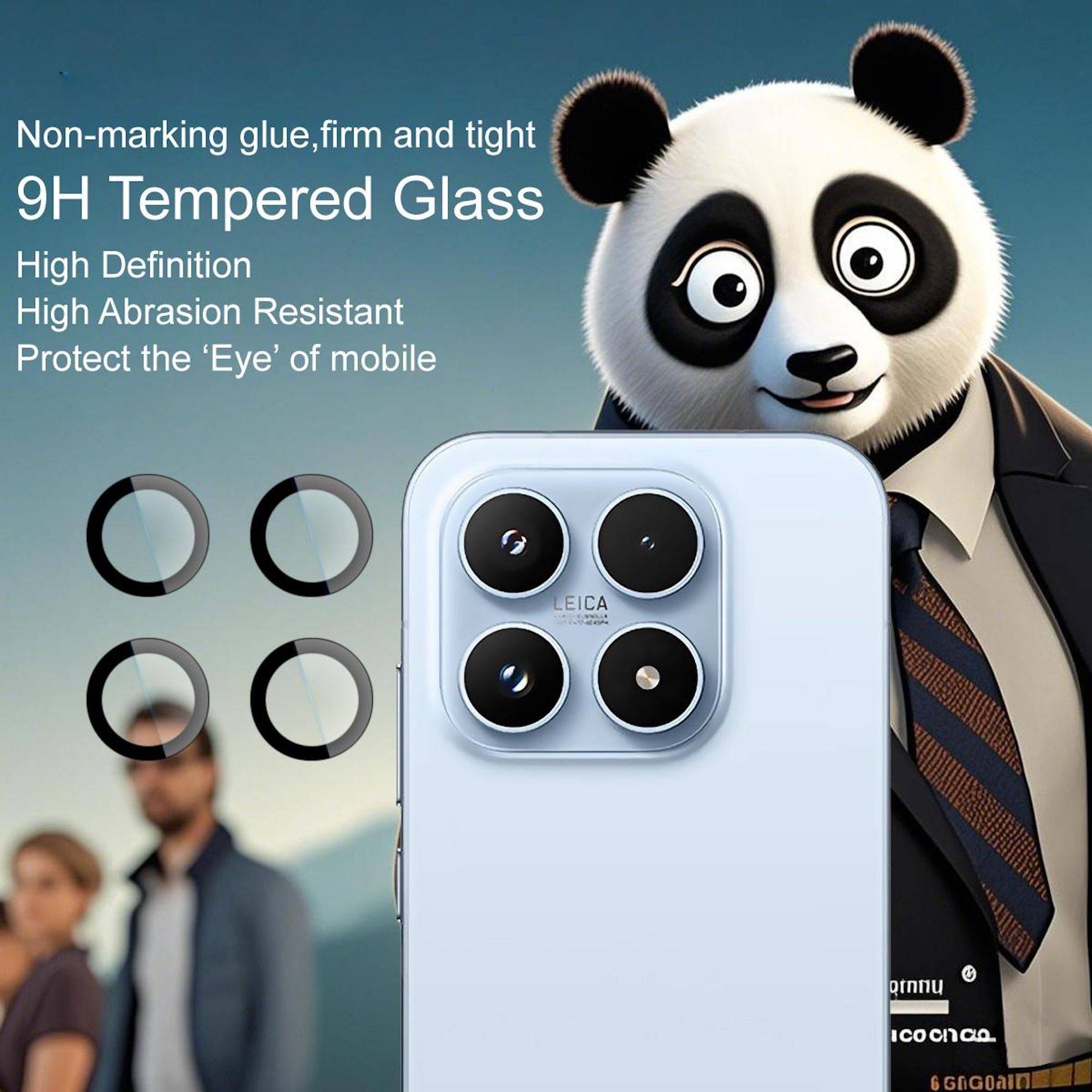 Werbung mit einem Panda im Anzug neben einem Smartphone-Kameraschutz, mit Text zur Bewerbung von 