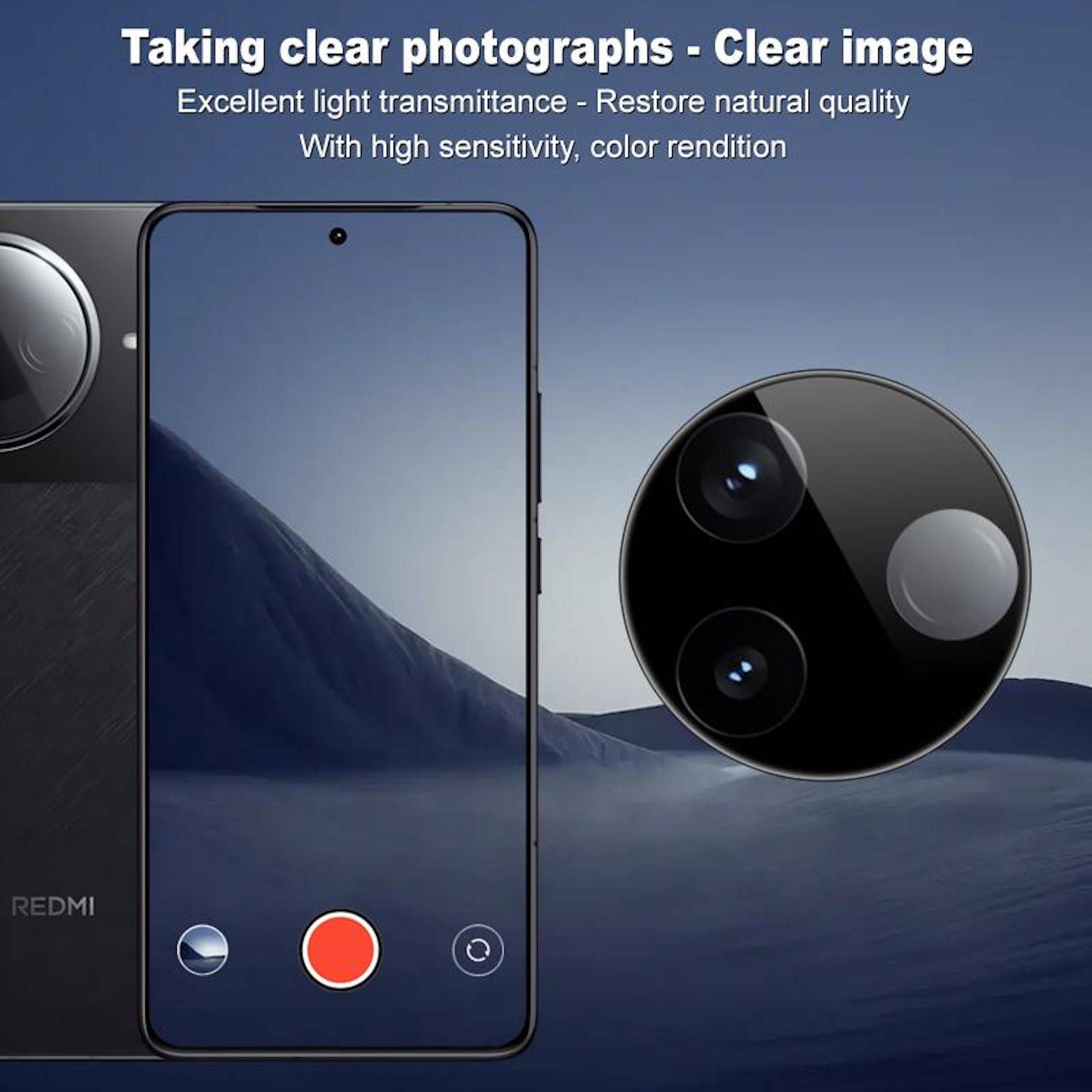 Werbegrafik eines Redmi-Smartphone-Kamerasystems, die den Telefonbildschirm und die vergrößerte Dual-Linsen-Kamera zeigt, mit Text über klare Fotos und hohe Lichttransmission.