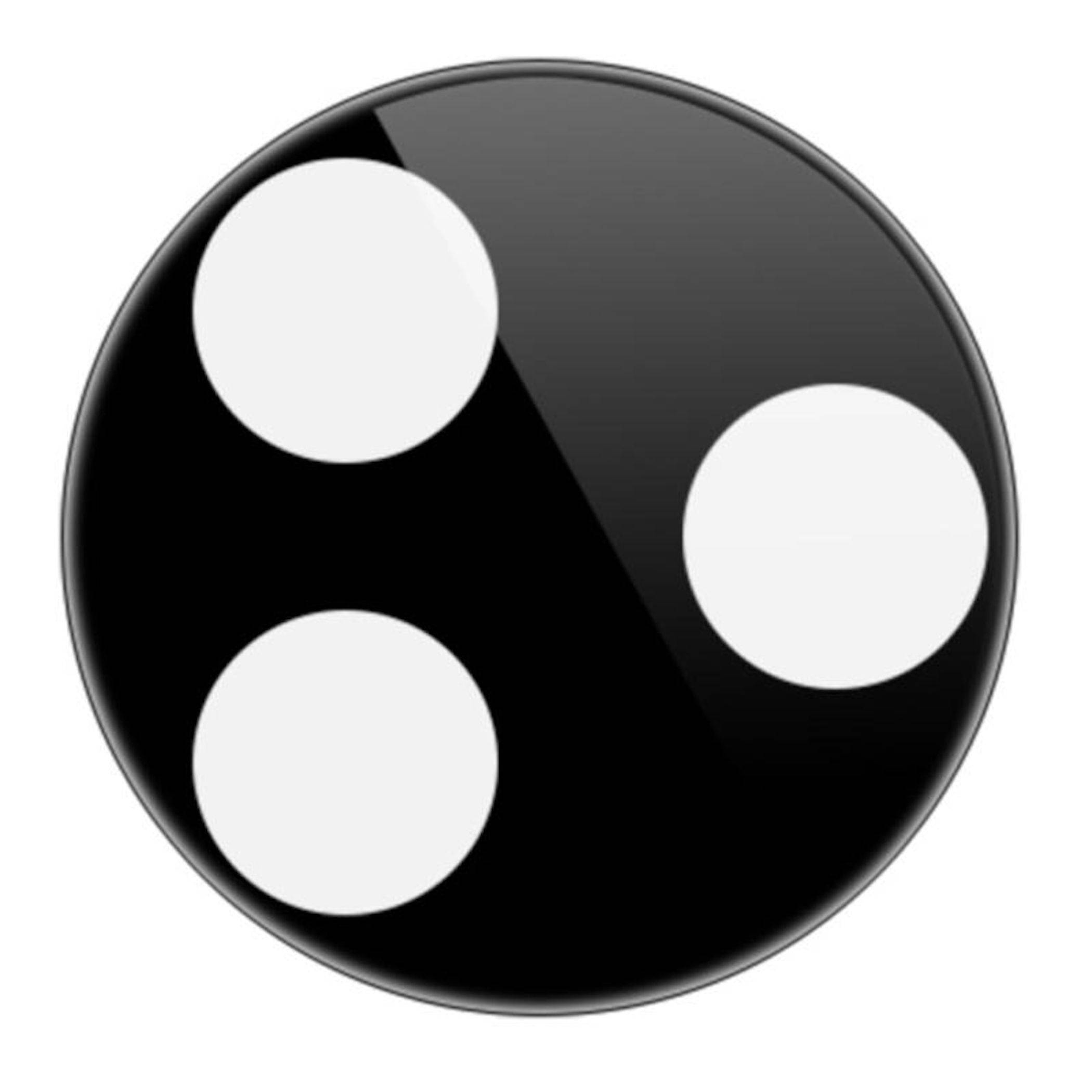 Schwarzes kreisförmiges Symbol mit drei weißen Punkten in einem dreieckigen Muster angeordnet, ähnlich einer Spielfigur oder einem Symbol.