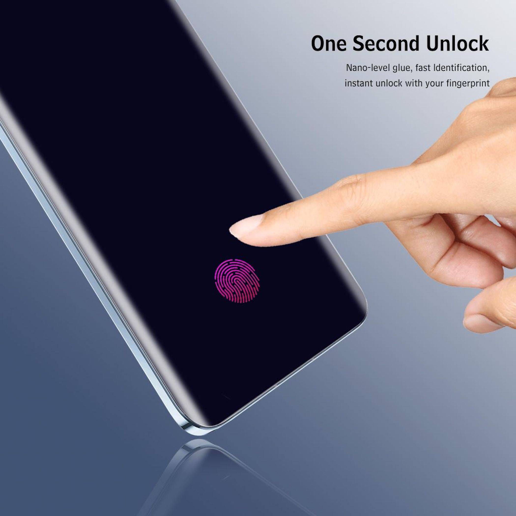 Demo für Fingerprint-Entsperrung mit einem Finger, der einen Telefonbildschirm berührt, mit dem Text „Eine Sekunde Entsperrung
