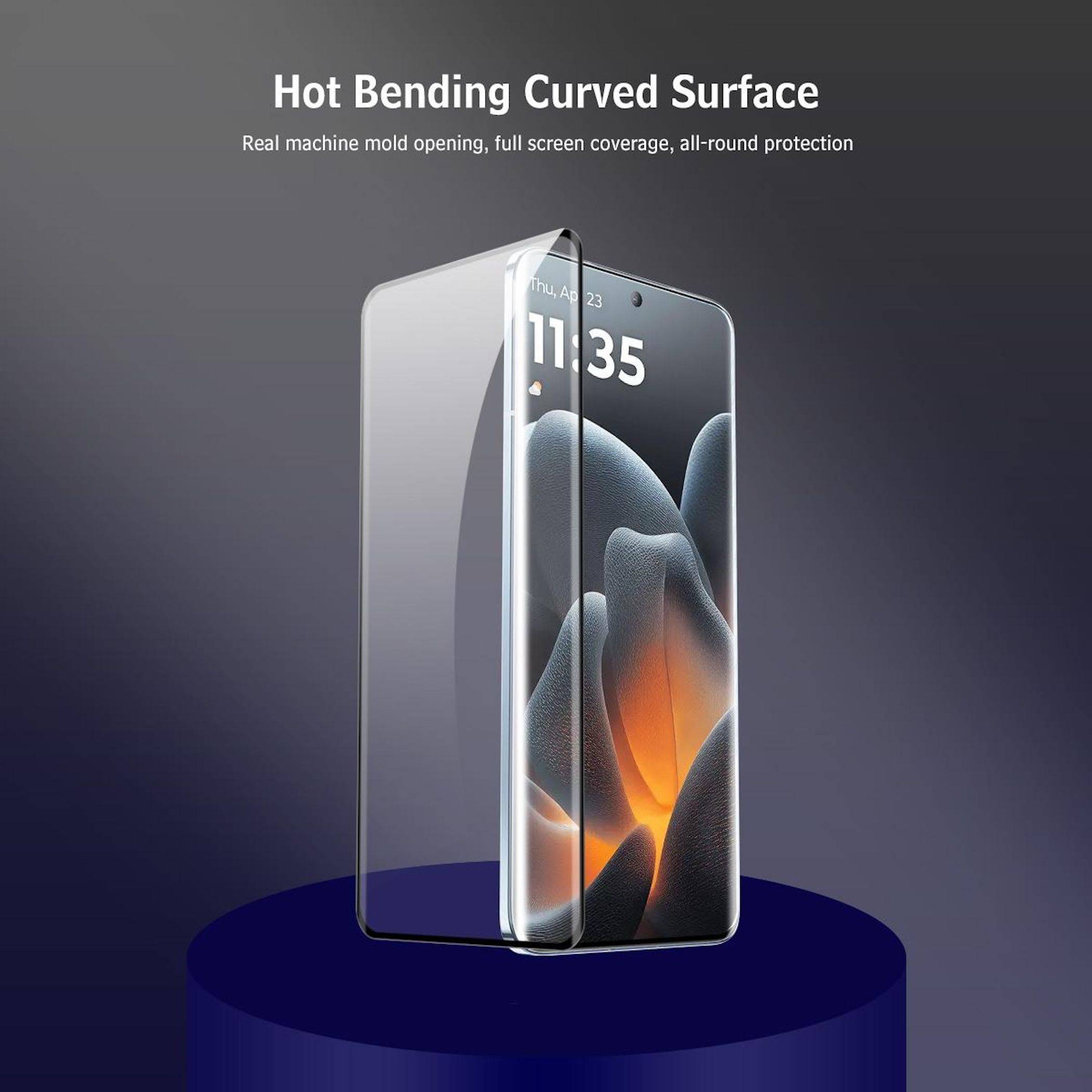 Werbebild eines Smartphones mit einer transparenten gebogenen Displayschutzfolie, mit der Beschriftung „Hot Bending Curved Surface