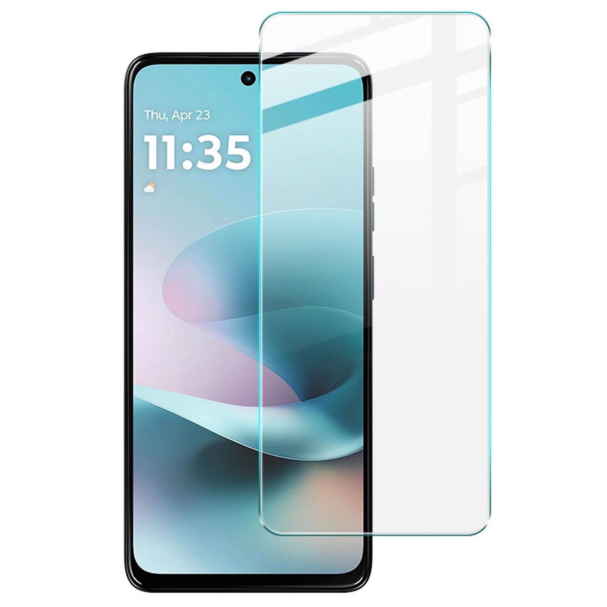 Smartphone mit einem klaren Displayschutz aus gehärtetem Glas, der über dem Display ausgerichtet ist und die Passform und Kantenbereiche veranschaulicht.