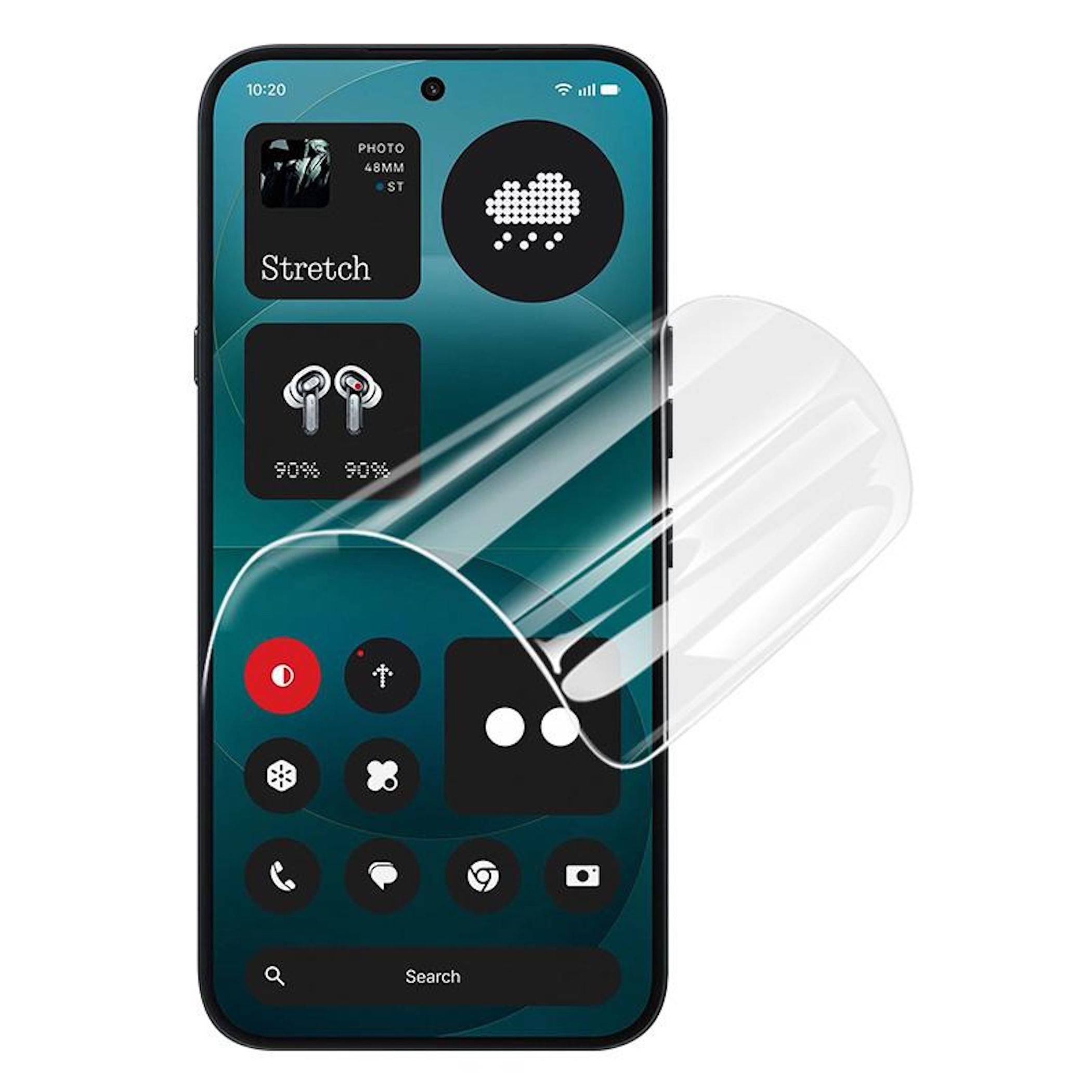 Smartphone-Startbildschirm mit dunklem Blaugrün-Design und App-Widgets, gezeigt mit einer transparenten Schutzfolie, die sich über dem Display abzieht.