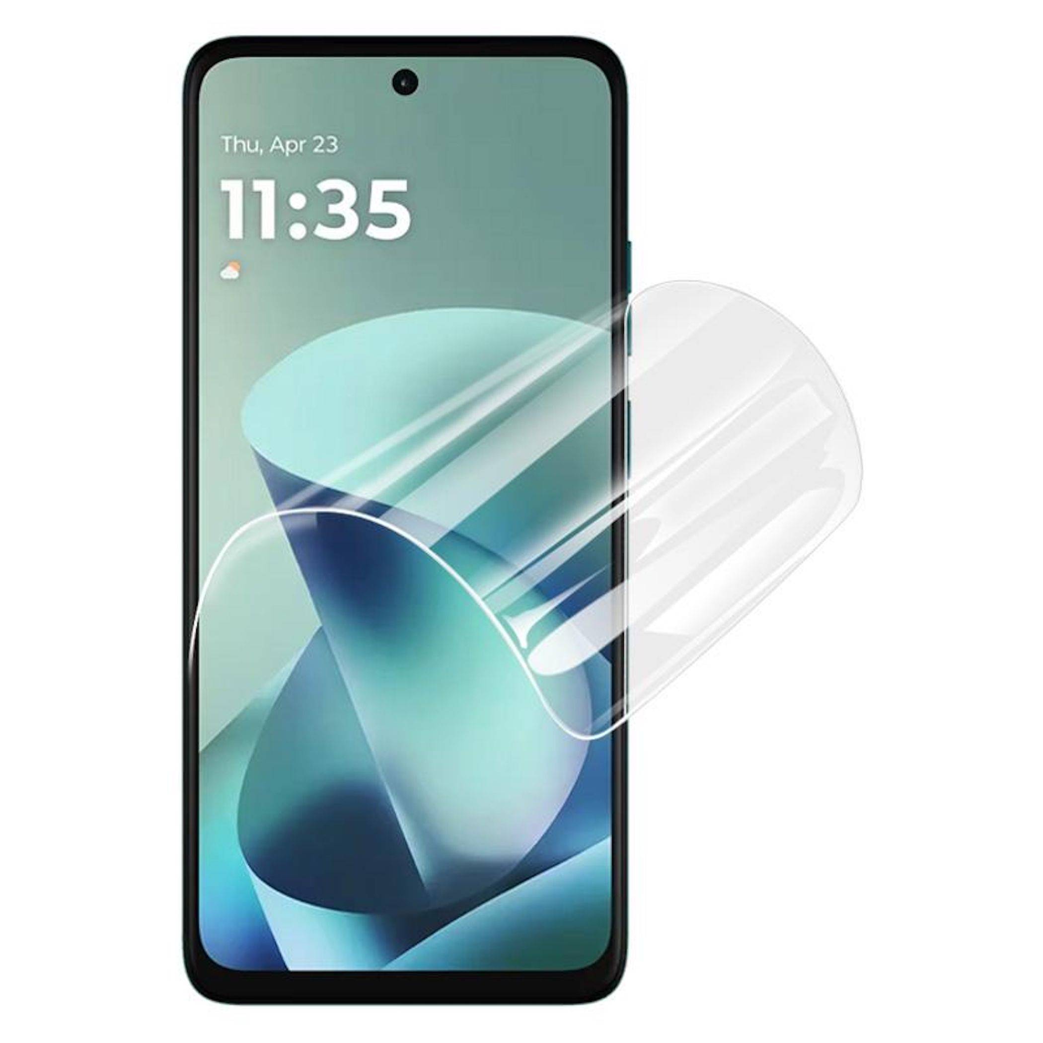 Frontansicht eines Smartphones mit einer transparenten, gebogenen Displayschutzfolie, die über das Display angebracht wird.