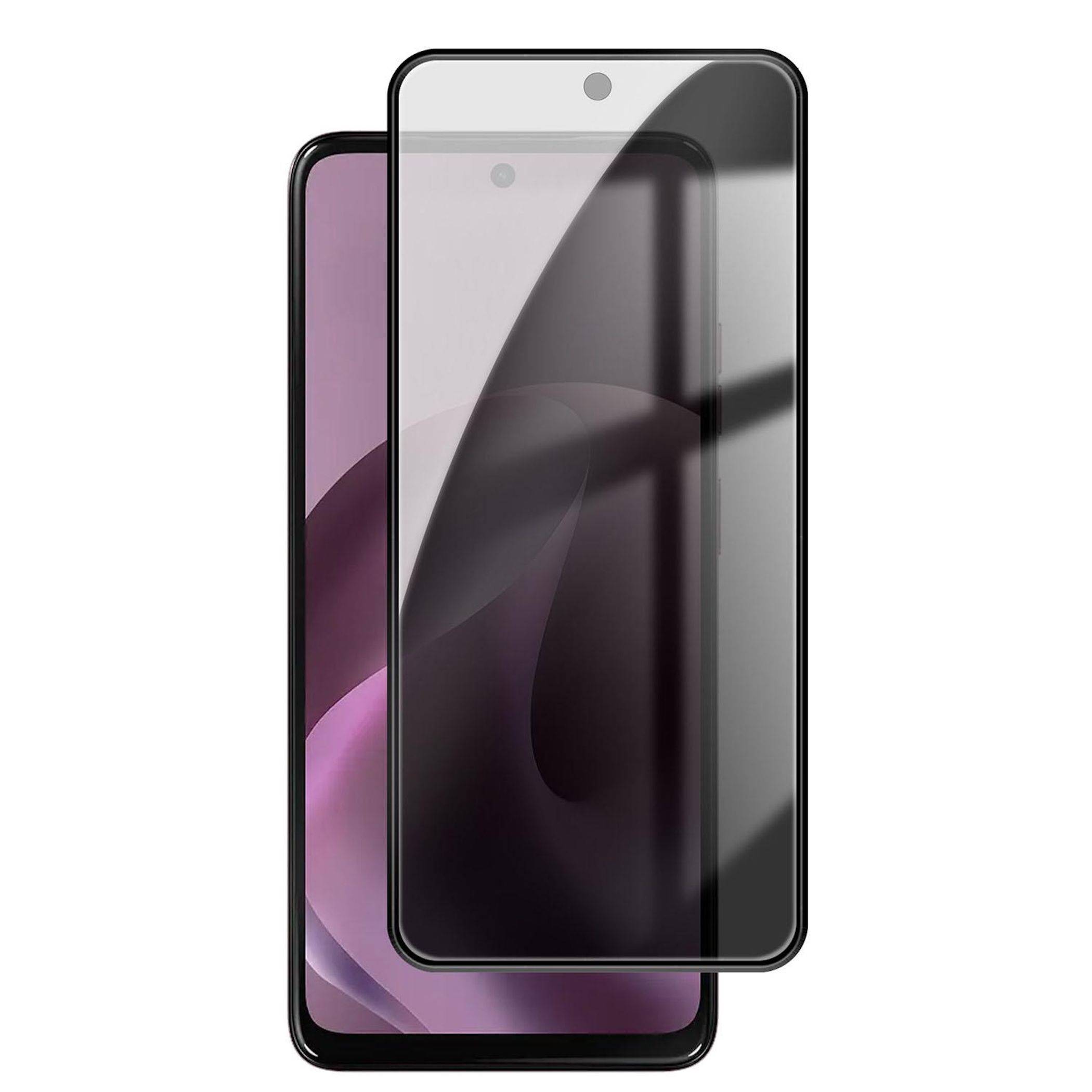 Zwei sich überlappende Smartphones auf weißem Hintergrund, von vorne gezeigt mit schwarzen Rahmen und violettem Bildschirm auf dem hinteren Telefon.