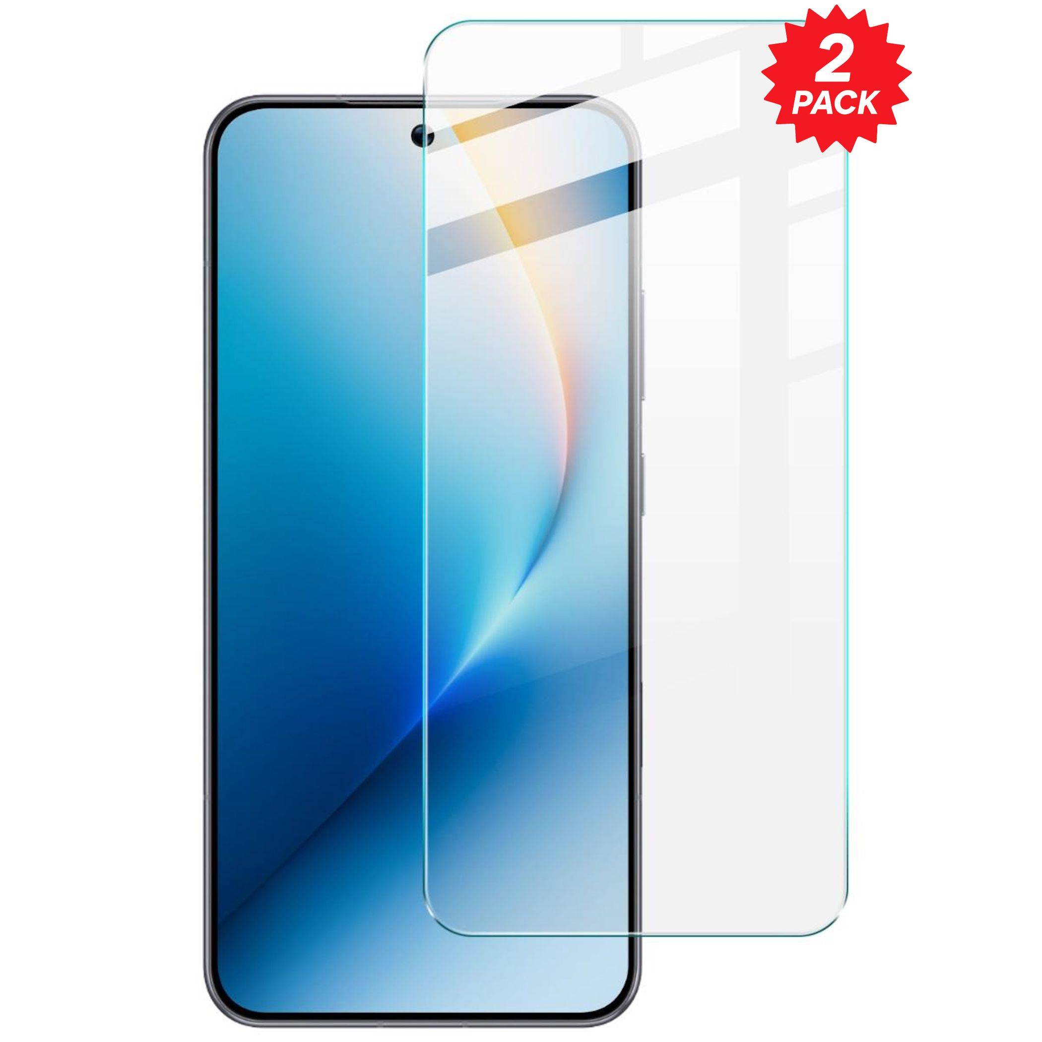 Smartphone-Schutzfolien-Verpackung mit einem Telefon und zwei transparenten Glasschiebern, gekennzeichnet mit „2ER-PACK