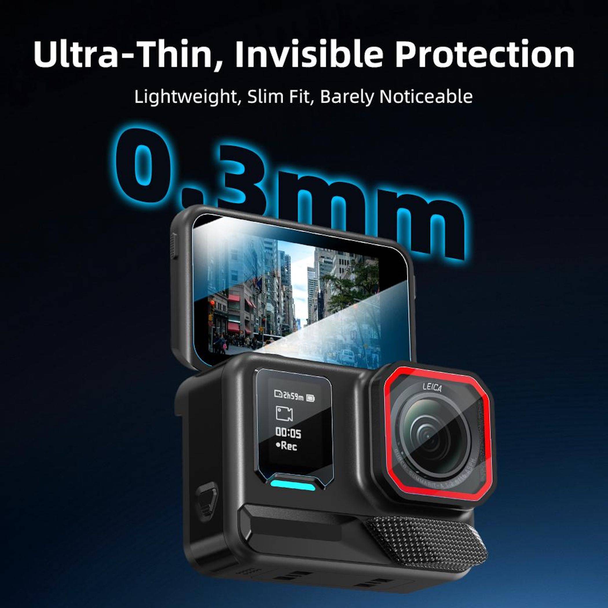 Actionkamera mit ultradünner 0,3-mm-Schutzfolie, gekennzeichnet mit „Ultra-Dünn, unsichtbarer Schutz
