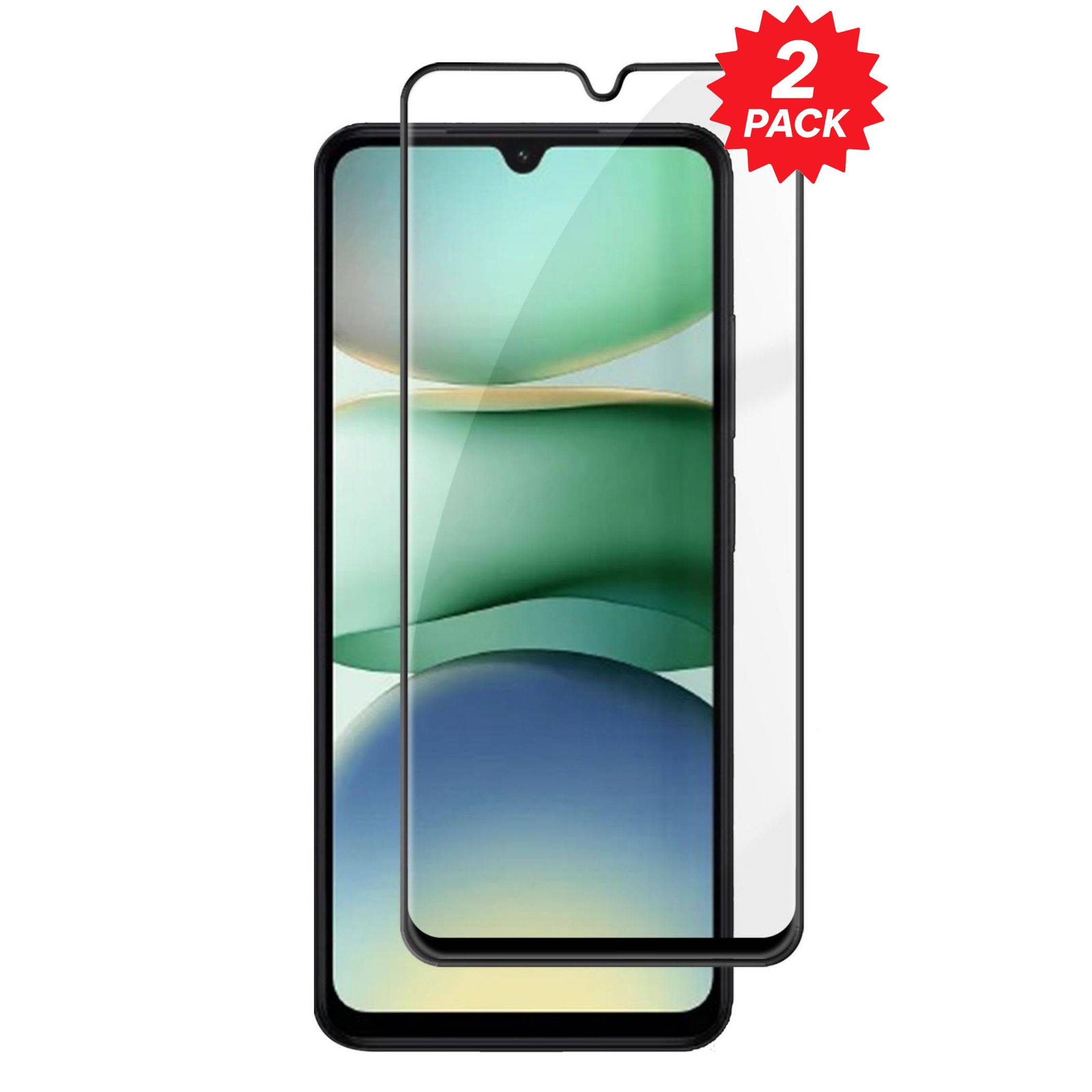 Zweier-Pack durchsichtiger Smartphone-Displayschutzfolien, gezeigt über einem Telefon, mit einem roten „2er-Pack