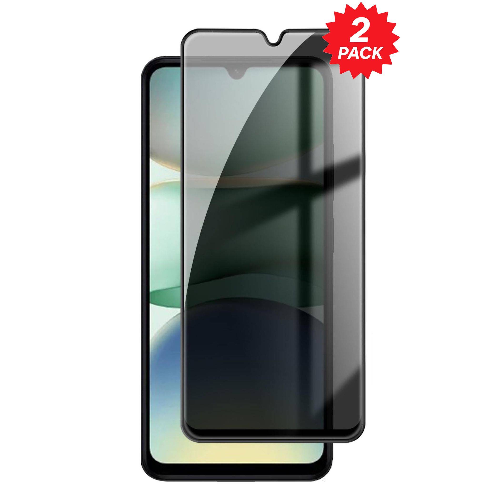 Zwei-Pack schwarze Displayschutzfolien für Smartphones, über einem Telefon gezeigt, mit einem roten 