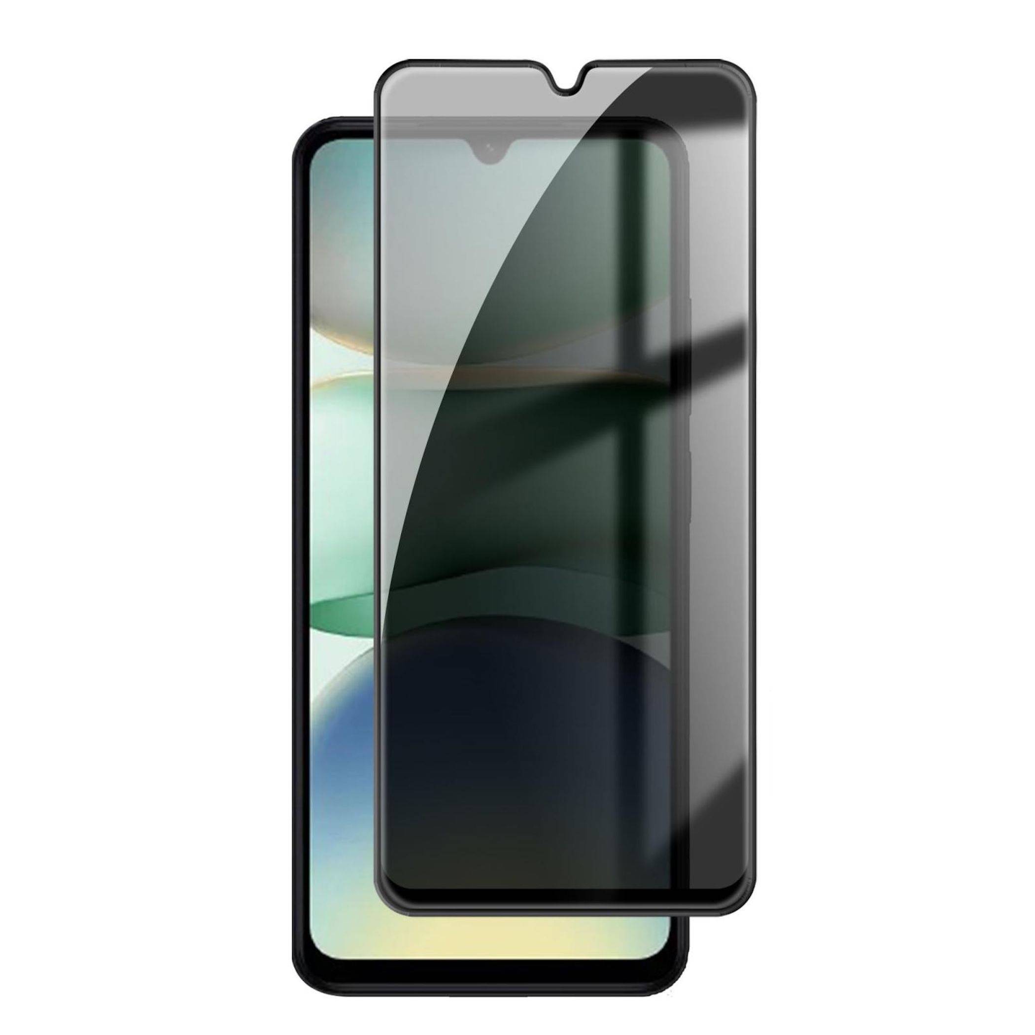 Smartphone mit einem dunklen Datenschutz-Displayschutz auf dem Display, Vorderansicht auf weißem Hintergrund.