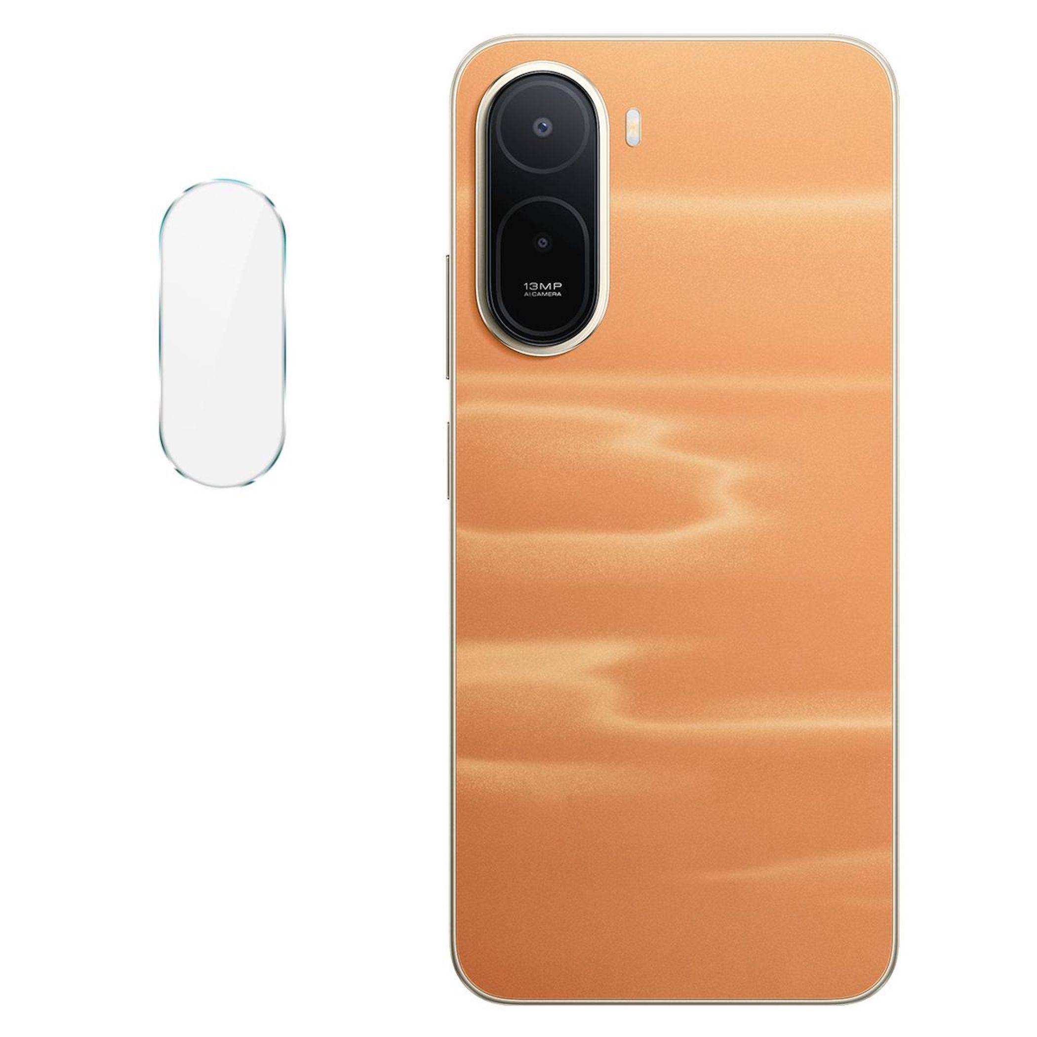 Rückansicht eines orangefarbigen Smartphones mit einem vertikalen Dual-Kamera-Modul, dargestellt neben einem kleinen weißen Zubehör auf einem einfachen Hintergrund.