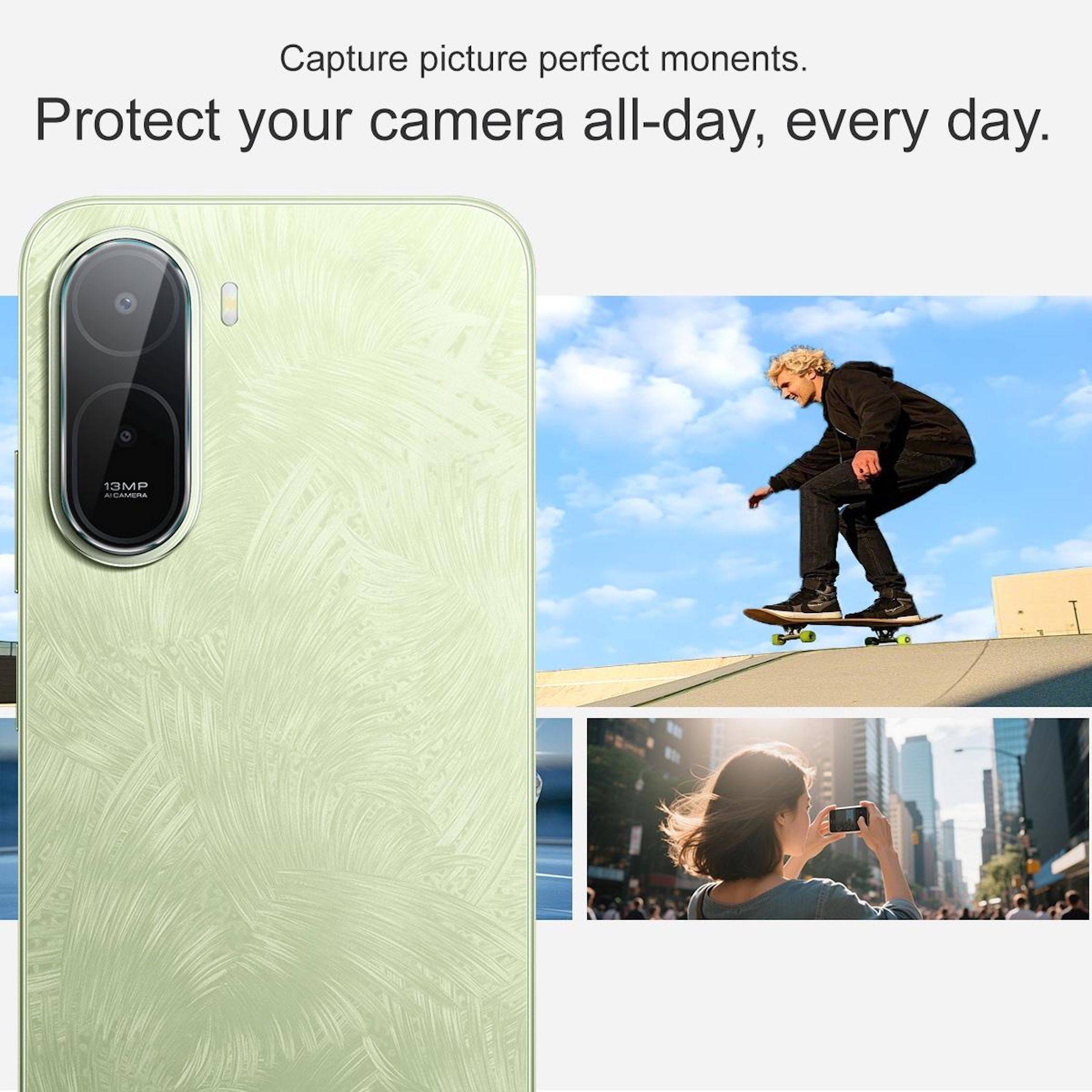 Werbebild eines hellgrünen Smartphones mit Kamera-Nahaufnahme, daneben Menschen beim Skateboarden und Filmen im Freien unter dem Text „Schützen Sie Ihre Kamera den ganzen Tag, jeden Tag lang.
