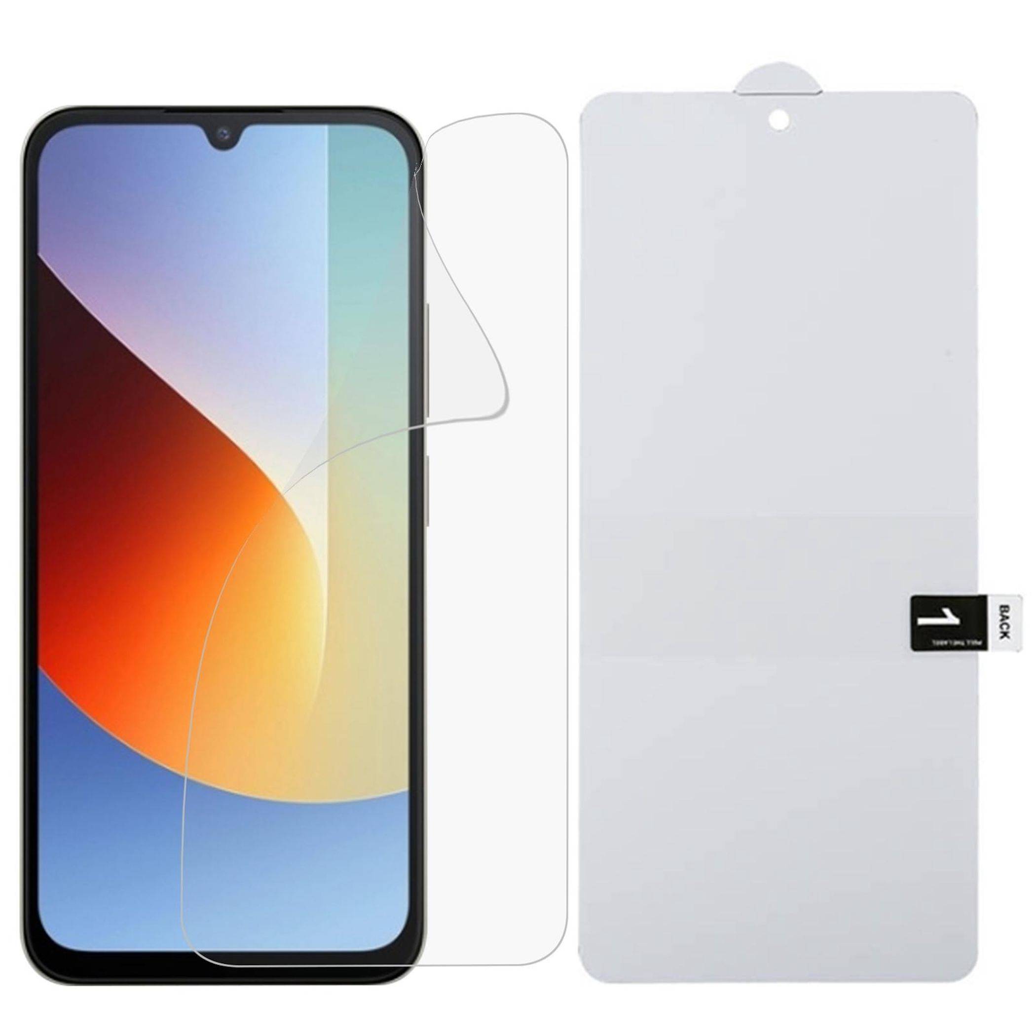 Smartphone-Displayschutzfolien-Set mit einer klaren Schutzfolie, die über einem Telefon angebracht ist, und dem Schutzfolien-Backing Sheet daneben.