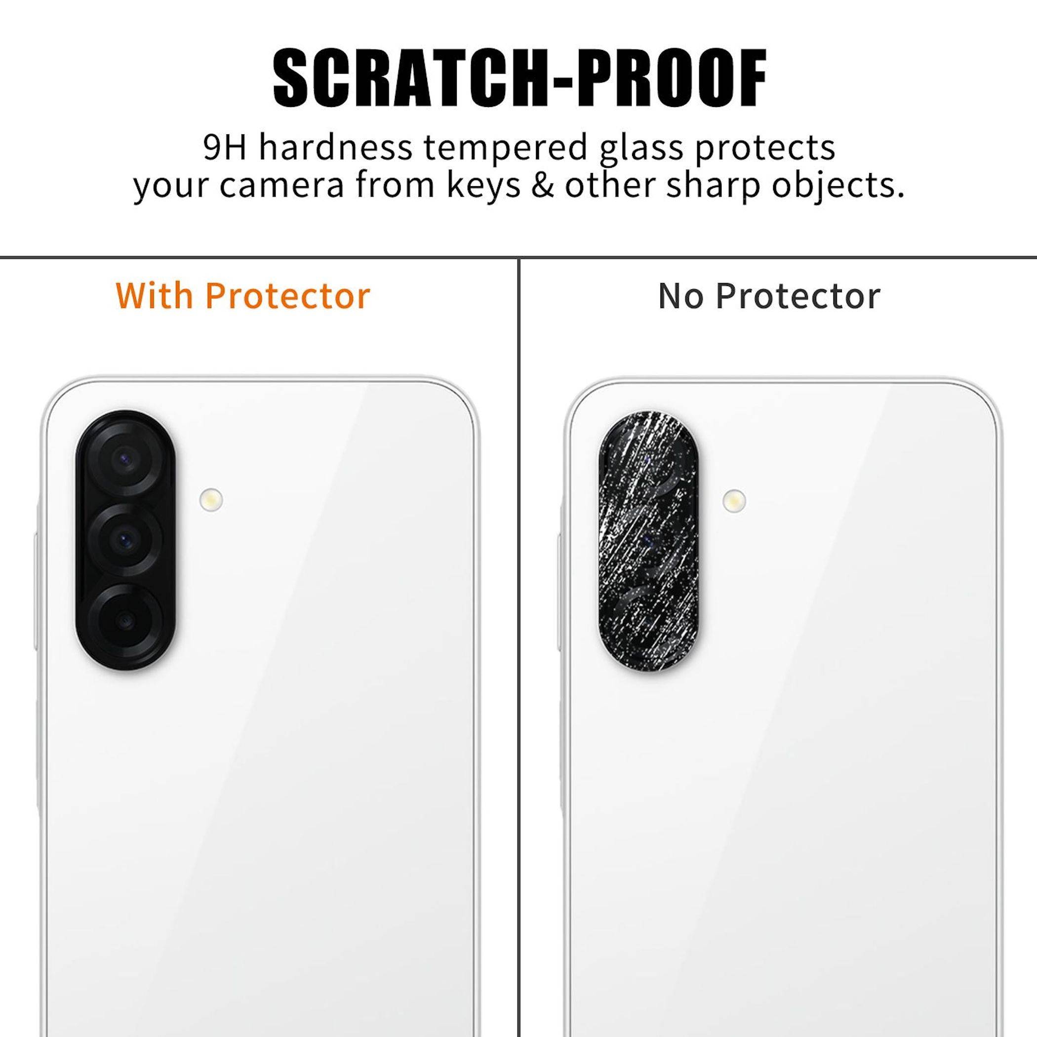 Der Anzeige vergleicht die Handy-Kameraobjektiv mit und ohne Schutzfolie; „KRATZERBESTÄNDIG