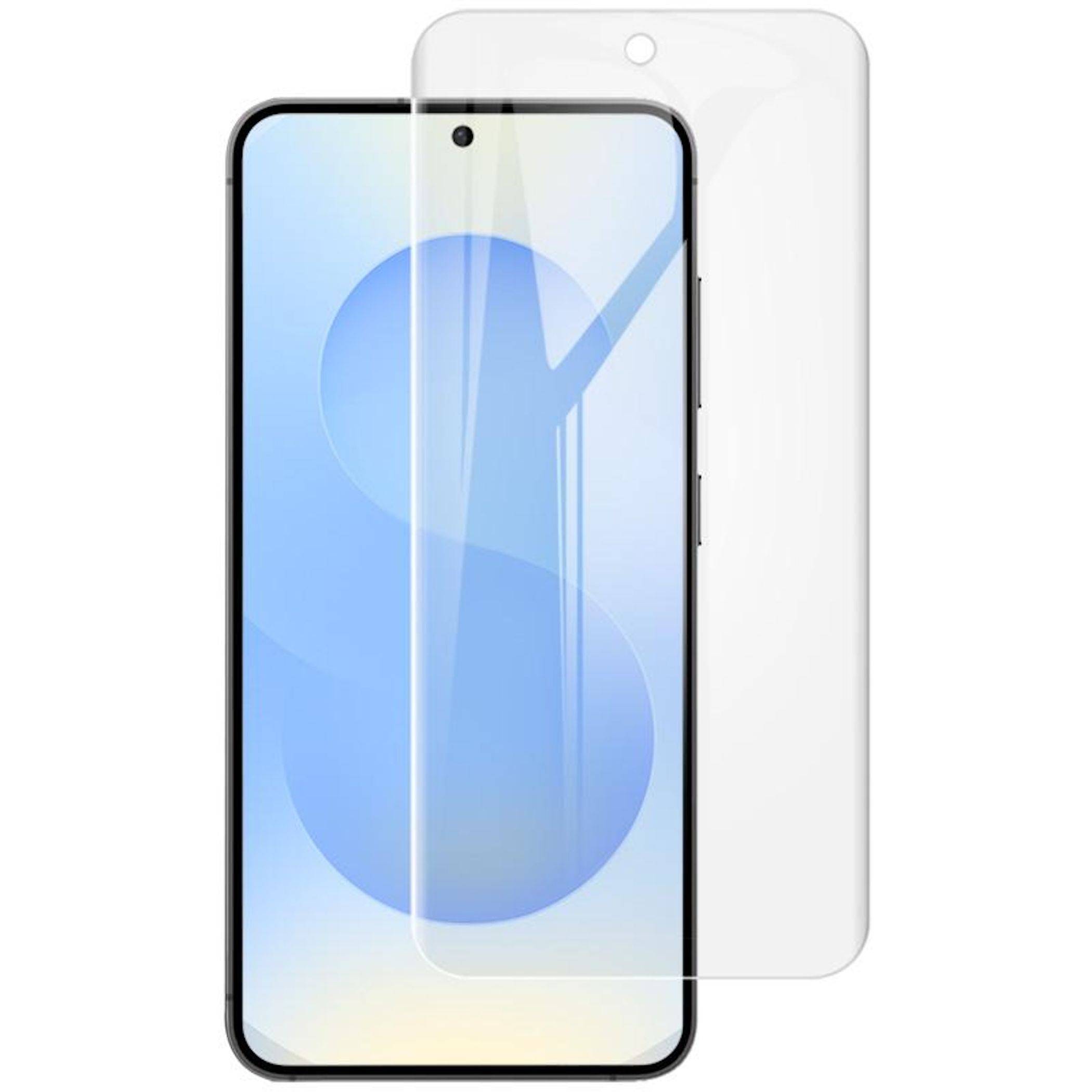 Smartphone mit teilweise angebrachtem transparentem Displayschutz, über der Vorderseite des Telefons ausgerichtet.