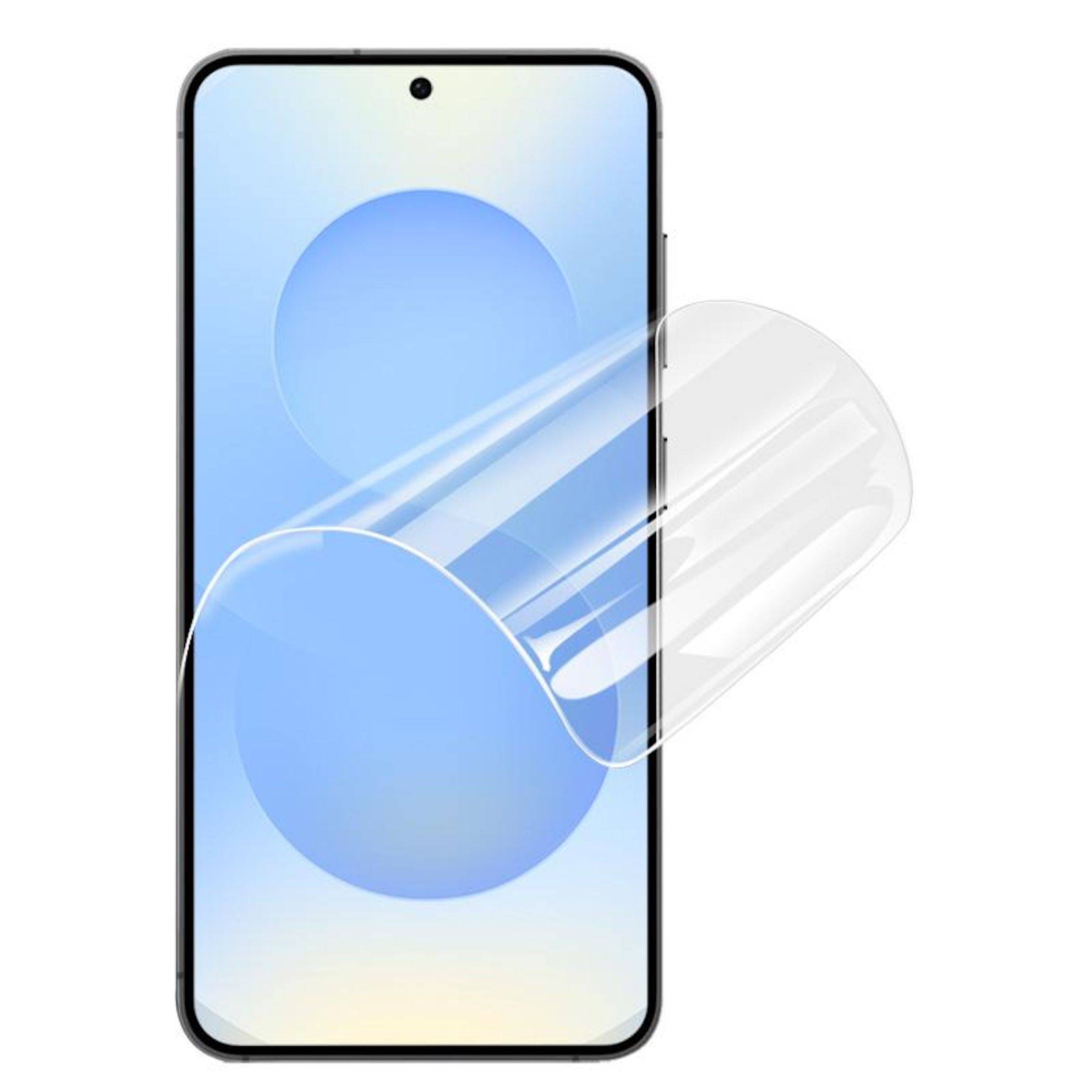 Smartphone mit einer transparenten Schutzfolienabdeckung, die teilweise zurückgezogen ist und das darunter liegende Display zeigt.