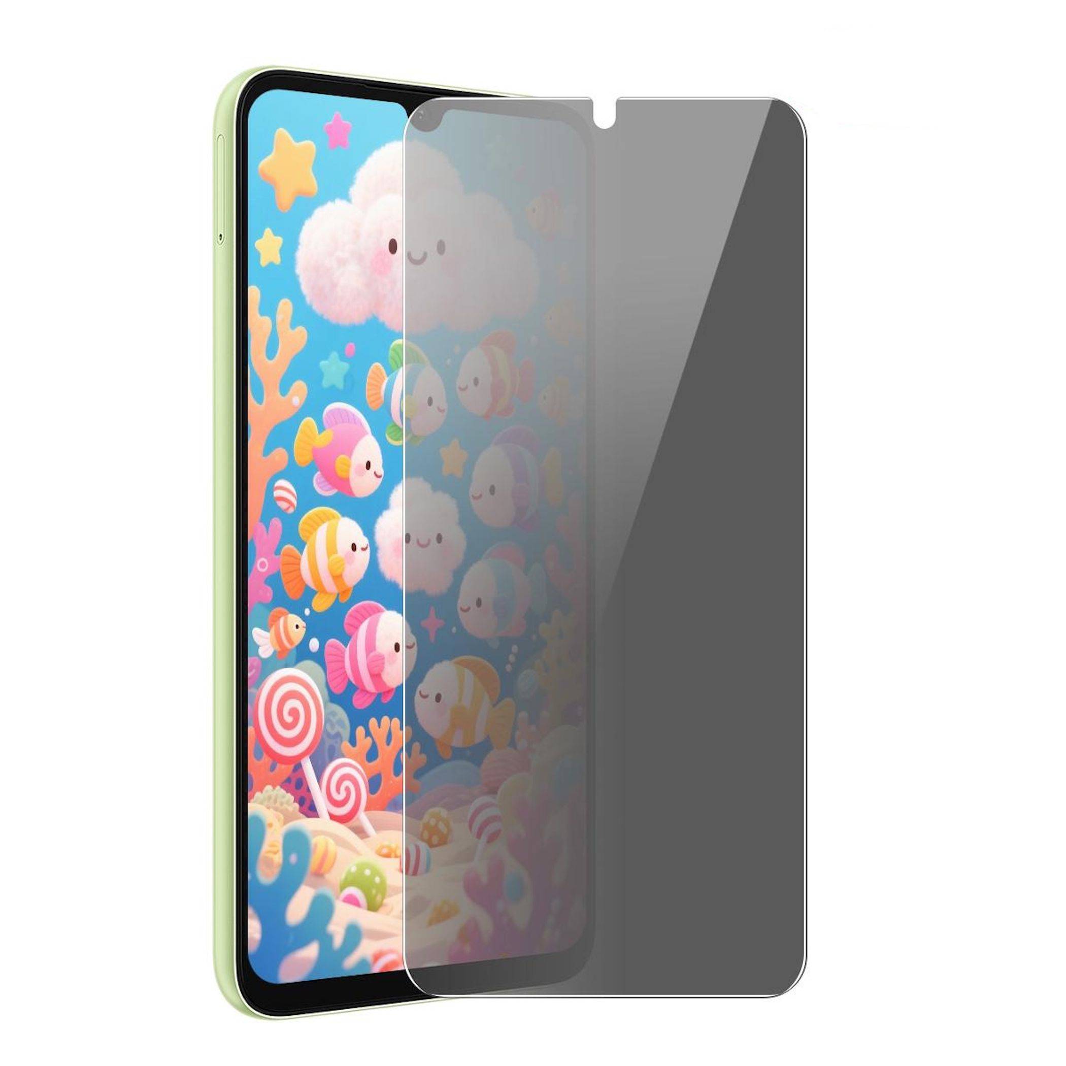 Smartphone mit einer Vollbild-Displayschutzfolie für die Privatsphäre, die das Display verdunkelt, gezeigt mit einem farbenfrohen Cartoon-Hintergrundbild, das teilweise darunter sichtbar ist.
