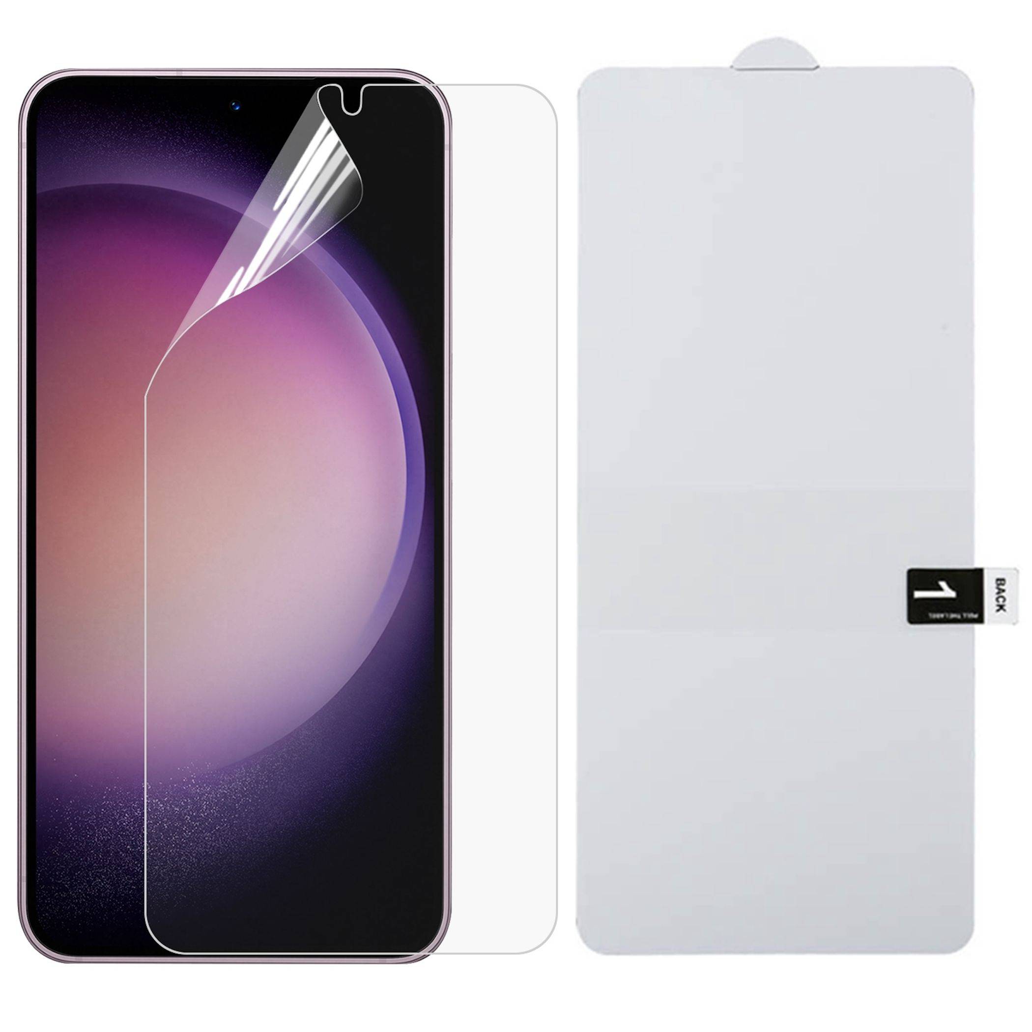 Smartphone-Displayschutzfolie-Set mit einer durchsichtigen Schutzfolie, die auf einem Telefon-Mockup angebracht ist, und einem separaten weißen Trägerpapier daneben.