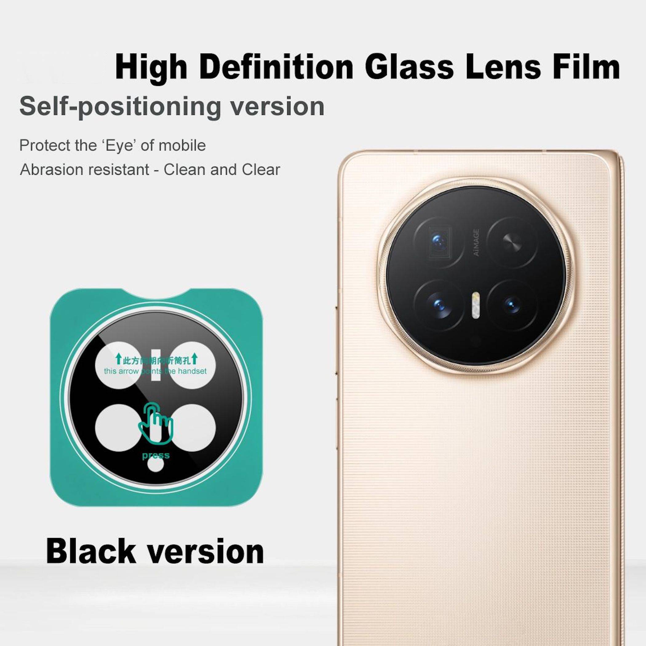 Produktanzeige für einen selbstpositionierenden Glaslinsen-Schutz für eine Handy-Kamera, mit Diagramm der schwarzen Version und einem goldenen Telefon mit installiertem Linsenschutzfilm.