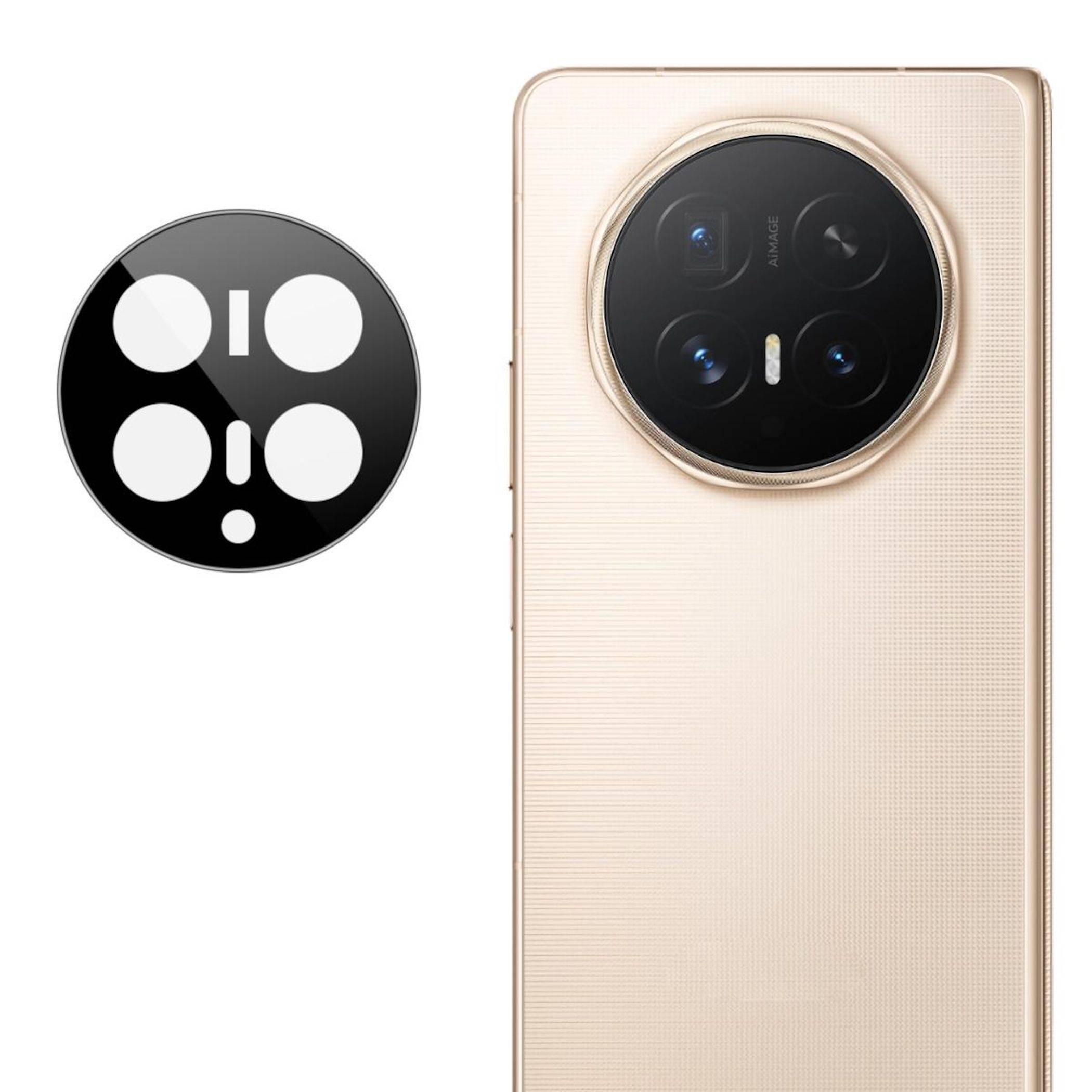Rückseite eines goldenen Smartphones mit einem großen runden Triple-Kamera-Modul, das neben einem schwarz-weißen Kameraobjektiv-Symbol gezeigt wird.