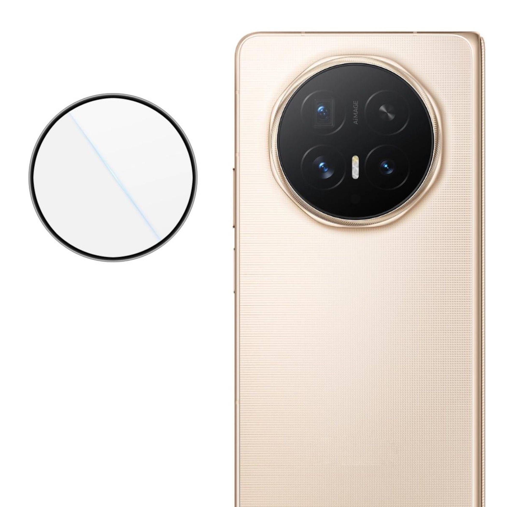 Rückseite eines goldenen Smartphones mit einem großen kreisförmigen Quad-Kamera-Modul; daneben ist eine kreisförmige vergrößerte Nahaufnahme der Kameralinse.