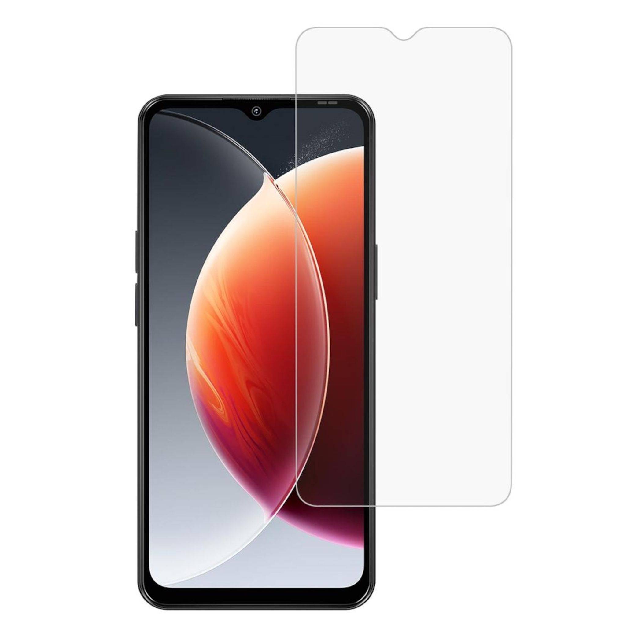 Smartphoneansicht von vorne mit einer klaren Displayschutzfolie, die über dem Display ausgerichtet ist, um Passform und Abdeckung zu zeigen.
