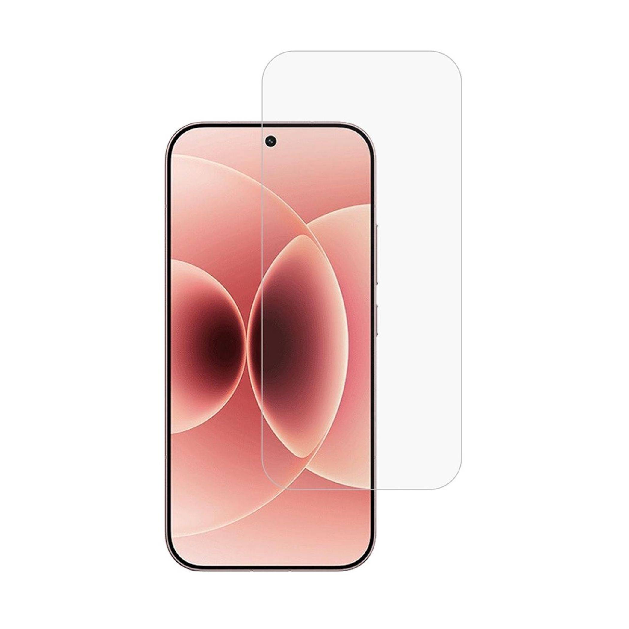 Smartphone-Vorderansicht mit einer klaren Schutzfolie dahinter, die den Displayschutz des Geräts hervorhebt.