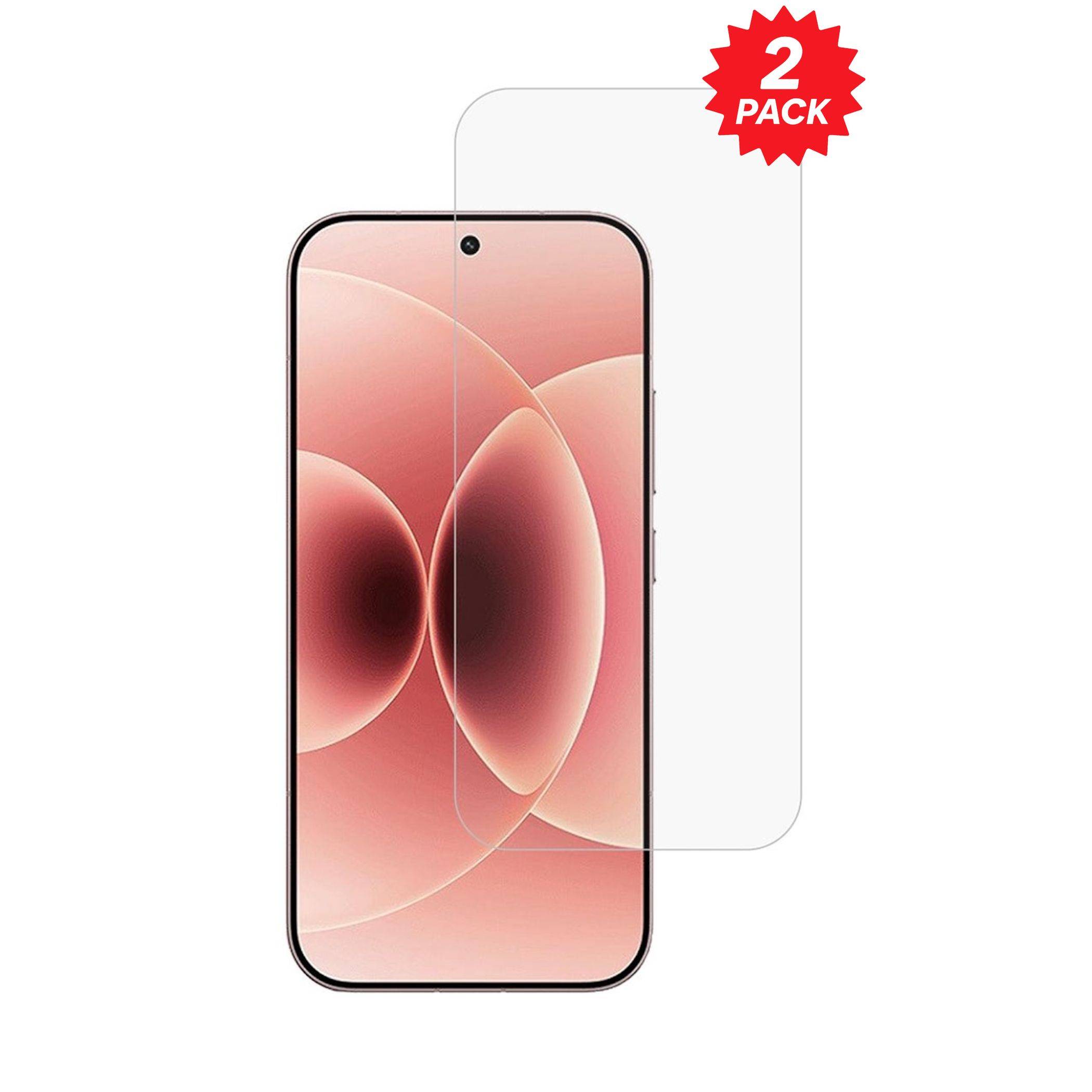Smartphone-Displayschutzfolie 2er-Pack, auf einem Telefon gezeigt, mit einer klaren Schutzfolie über dem Display und einem roten „2er-PACK