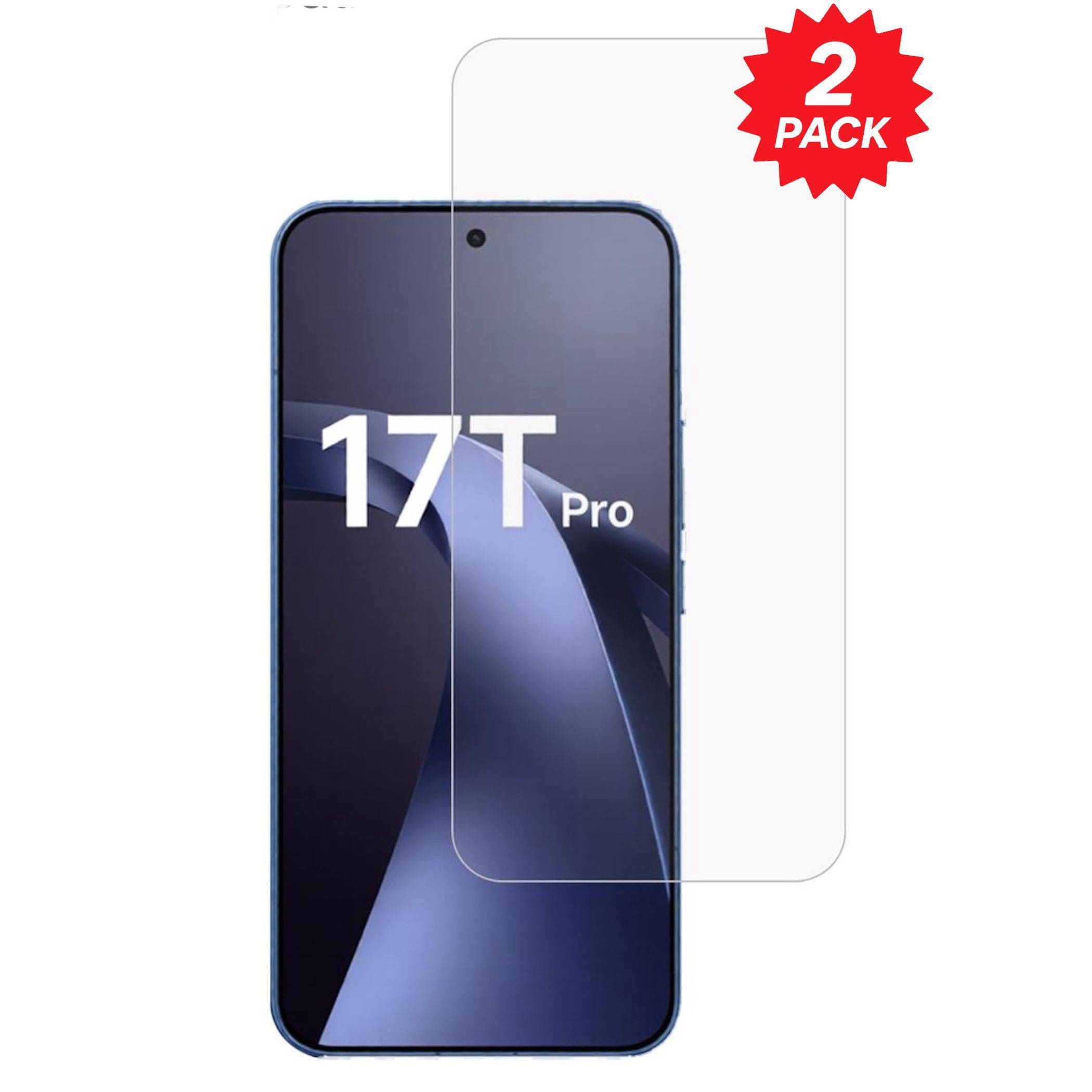 Zweier-Pack klare Displayschutzfolien für 17T Pro Smartphone, über einem Telefon mit einem roten 