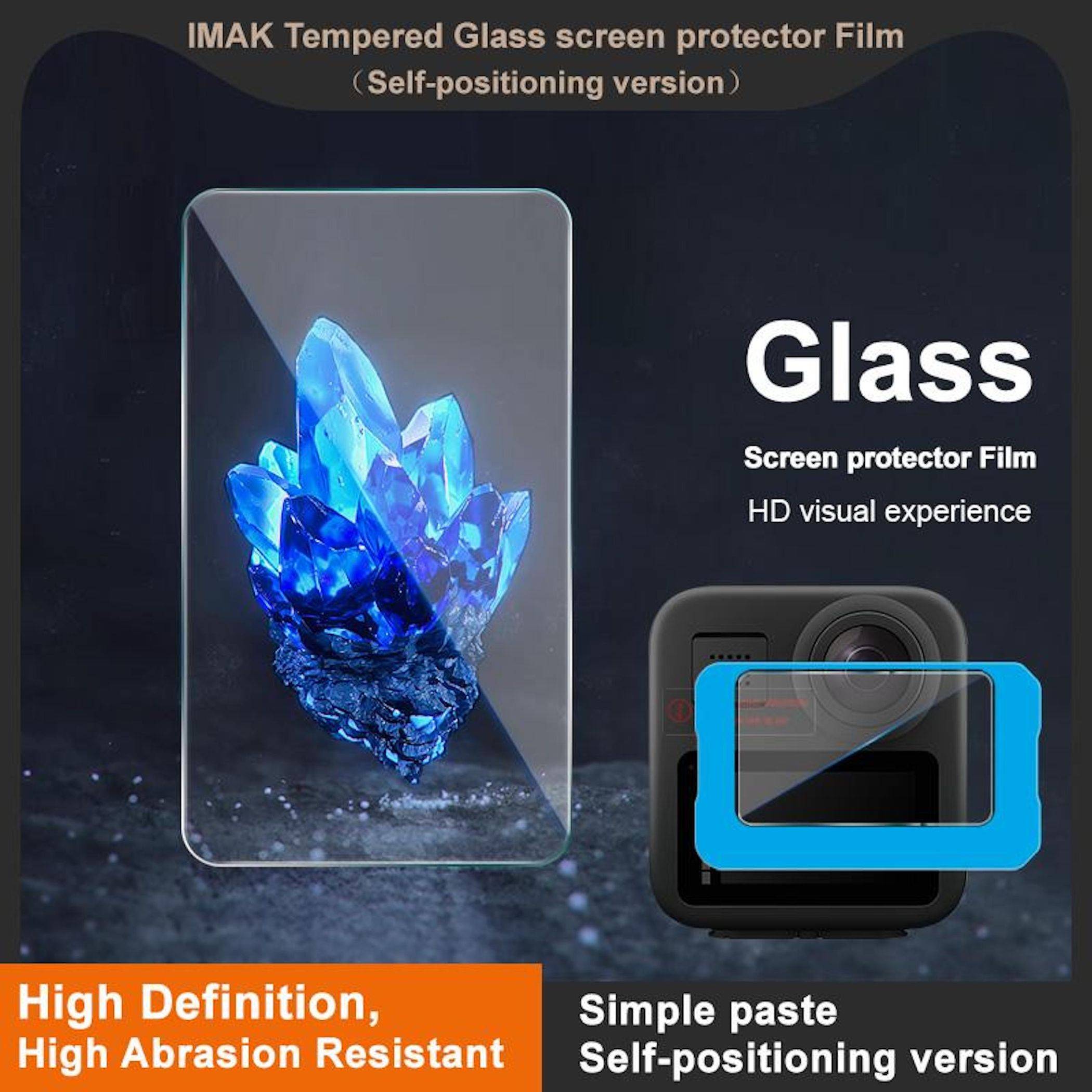 Anzeige für IMAK gehärtete Glasschutzfolie, die einen klaren Telefonbildschirm mit blauem Kristallbild zeigt und Ansprüche auf hochwertige Bildqualität, Kratzerbeständigkeit und einfache Selbstpositionierungsinstallation erhebt.