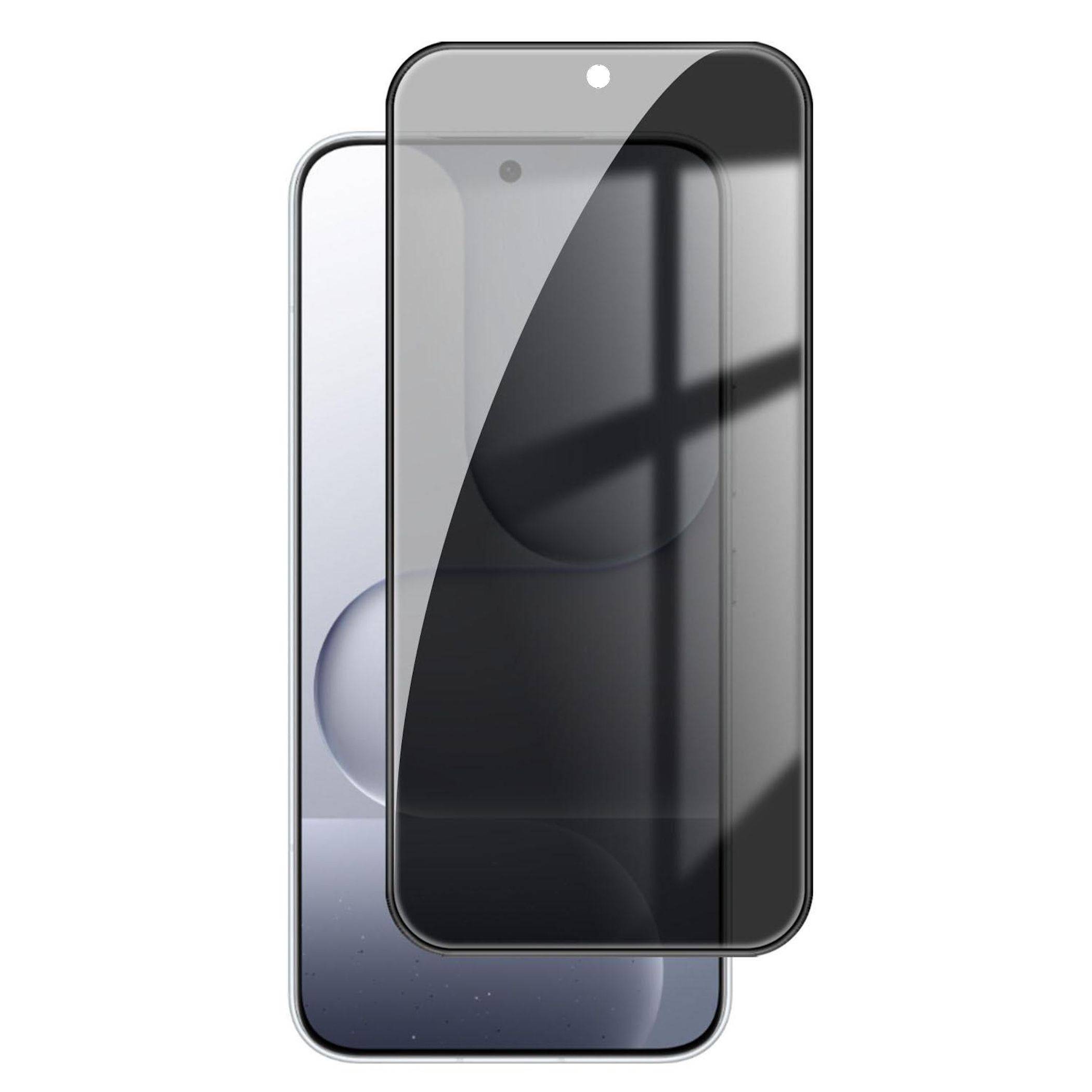 Zwei sich überlappende Smartphone-Bildschirme, Vorder- und Rückseite, dargestellt als Produktmockup mit glänzendem schwarzem Display und grauem Gehäuse.
